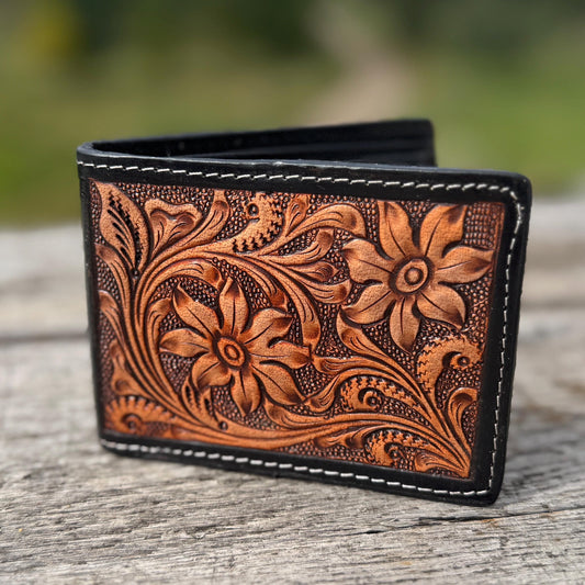 Men’s Western bi-fold wallet tooled floral details by Double B Wild Rags
