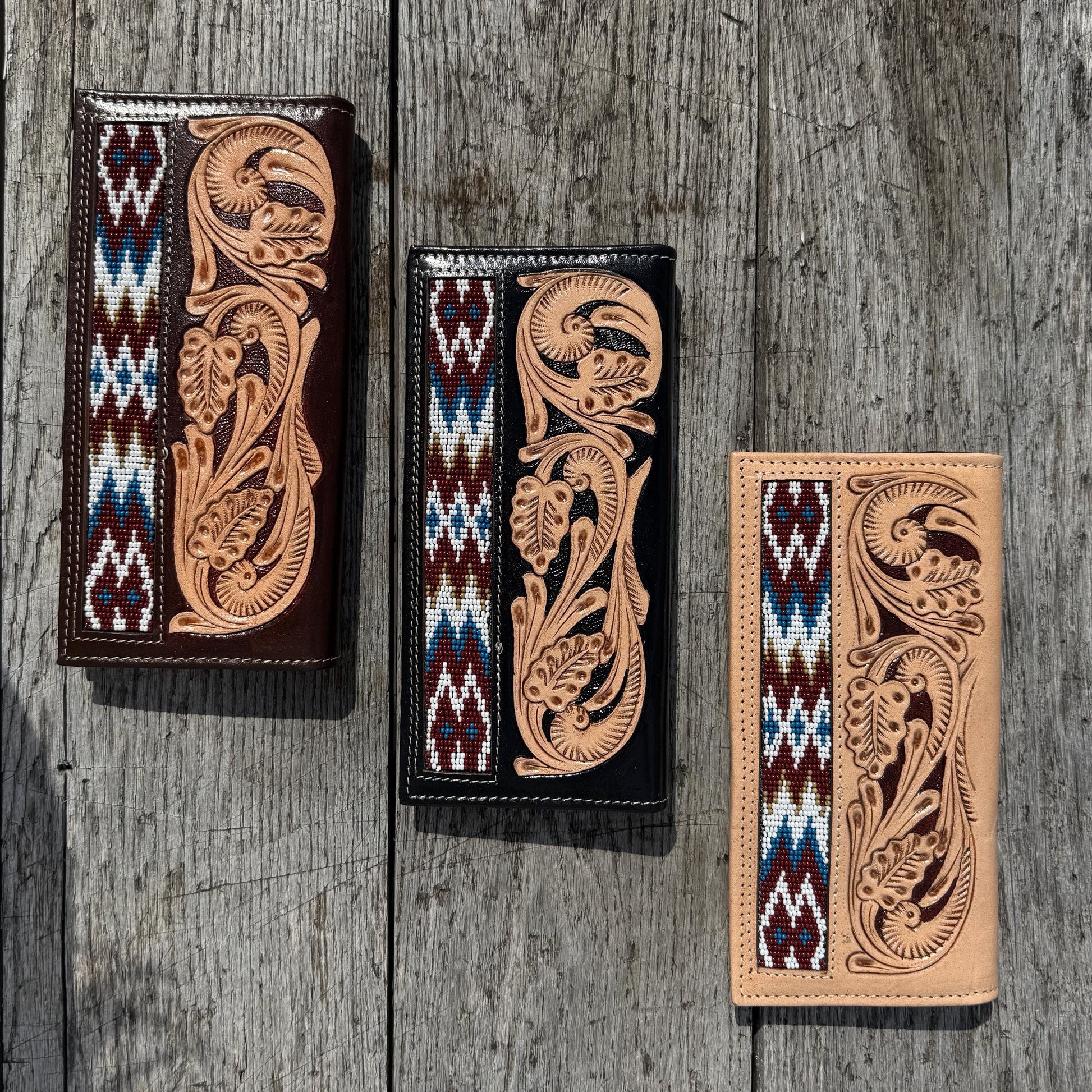 Men’s Western bi-fold Long Wallet tooled and Seed Bead details by Double B Wild Rags