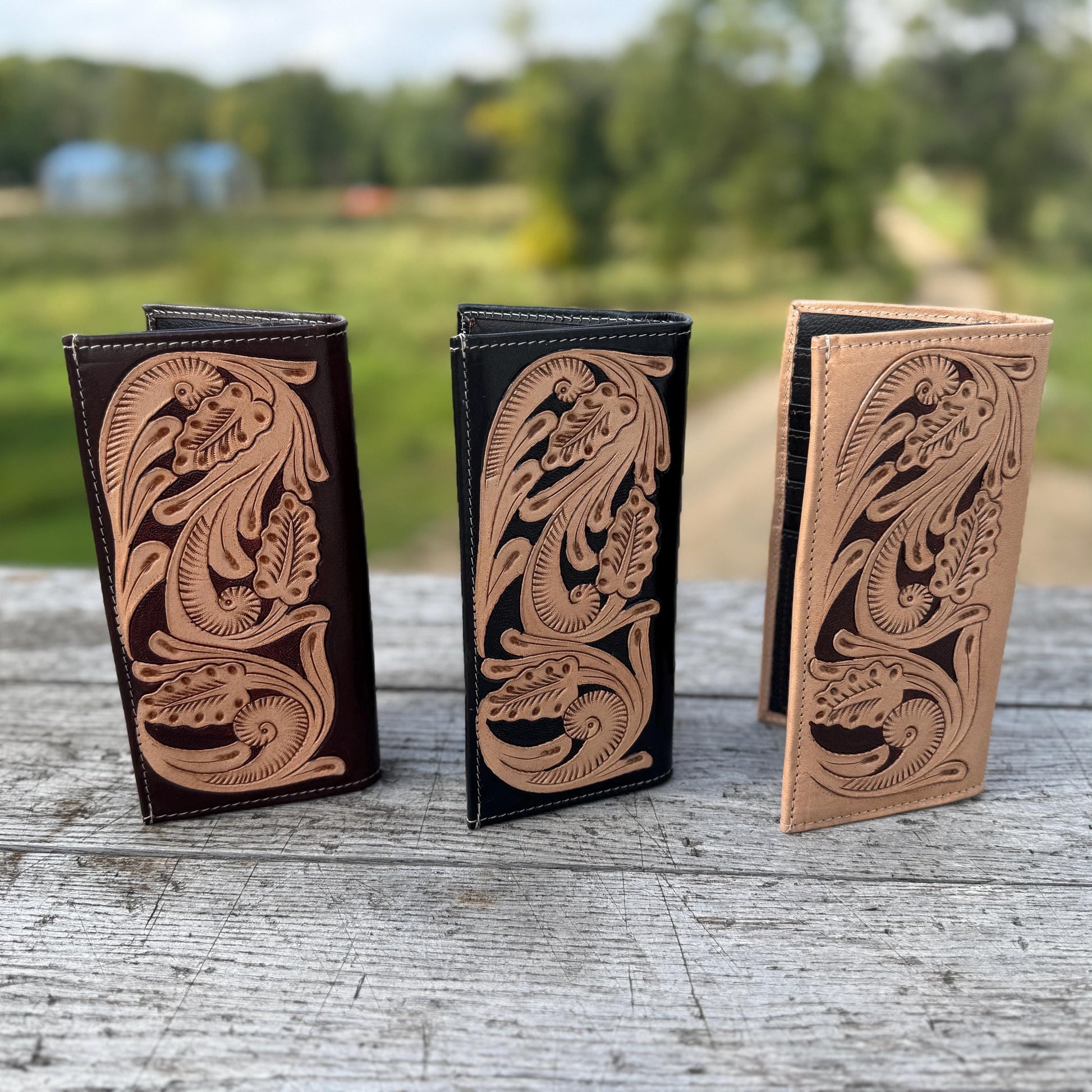 Men’s Western bi-fold Long Wallet tooled and Seed Bead details by Double B Wild Rags