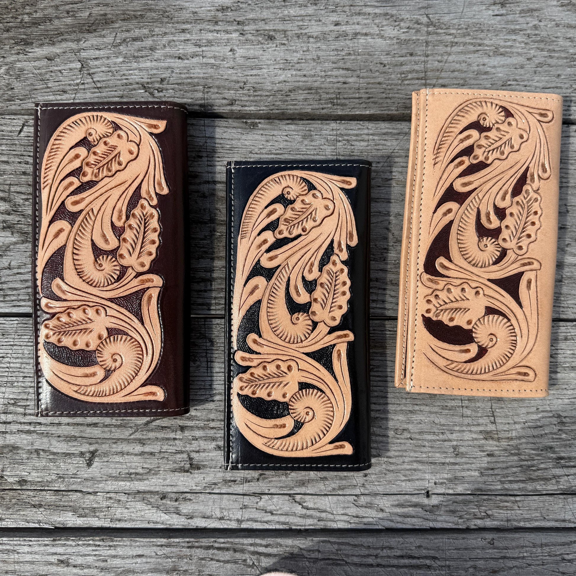 Men’s Western bi-fold Long Wallet tooled and Seed Bead details by Double B Wild Rags
