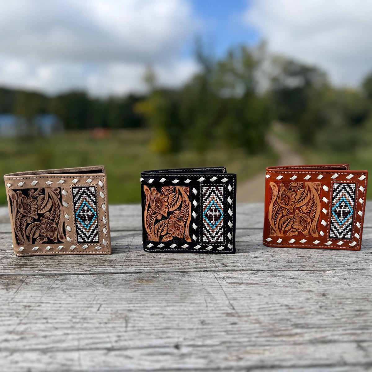 Men’s Western bi-fold wallet tooled, seed bead, and buckstitch details by Double B Wild Rags