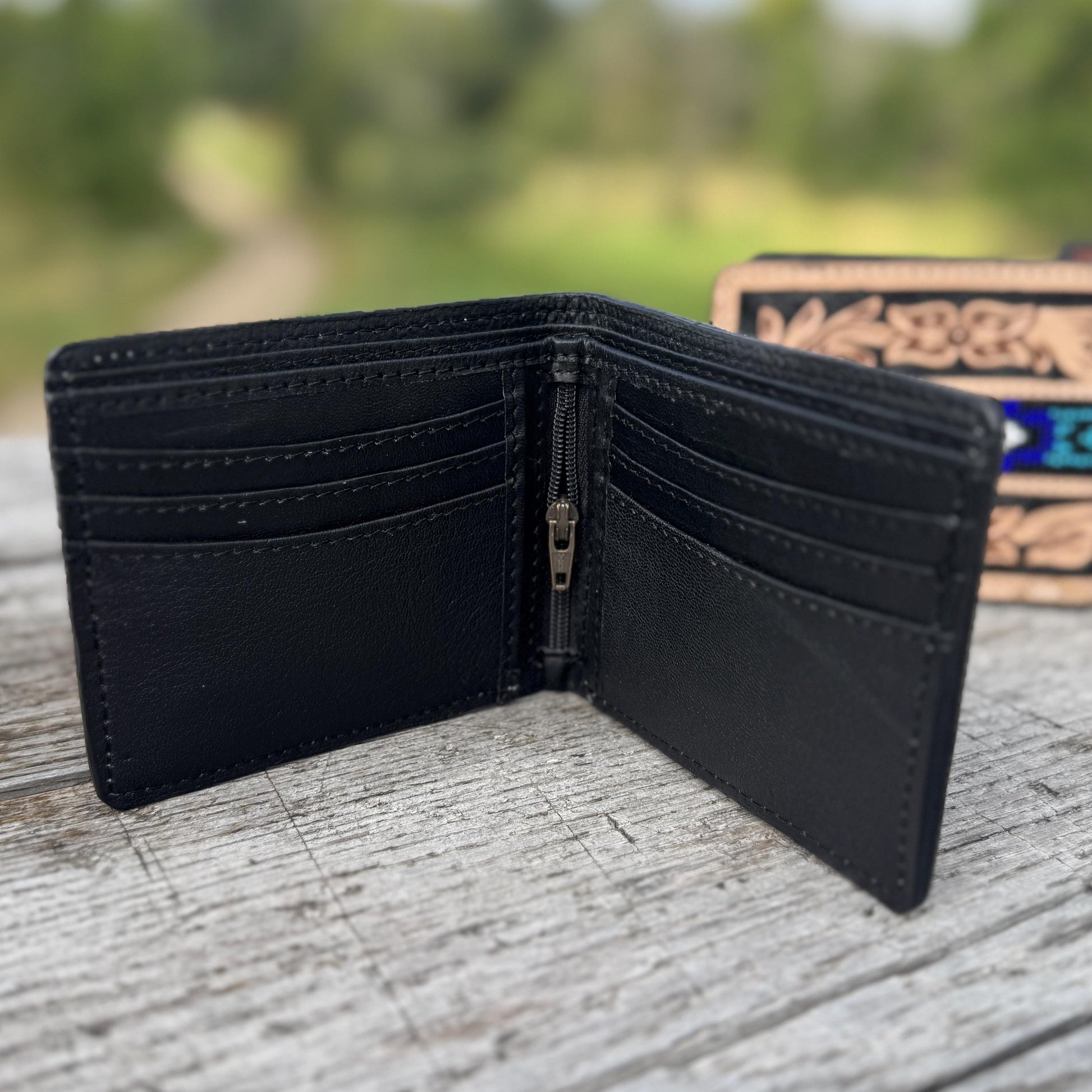 Men’s Western bi-fold wallet tooled Aces Cards with buckstitch details by Double B Wild Rags