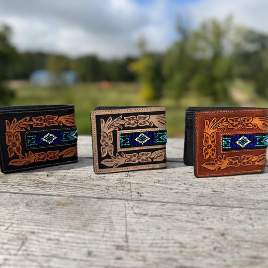 Men’s Western bi-fold wallet tooled Aces Cards with buckstitch details by Double B Wild Rags