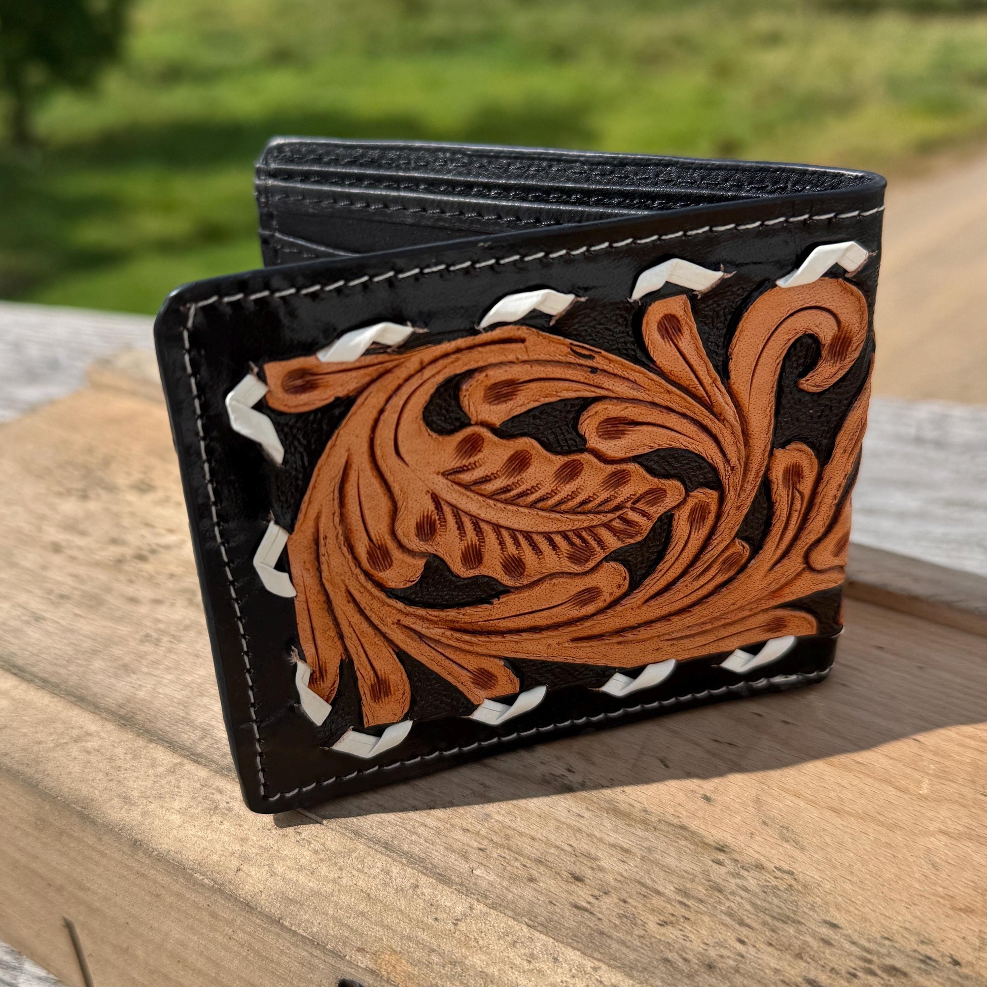 Men’s Western Black bi-fold wallet tooled Aces Cards with buckstitch details by Double B Wild Rags