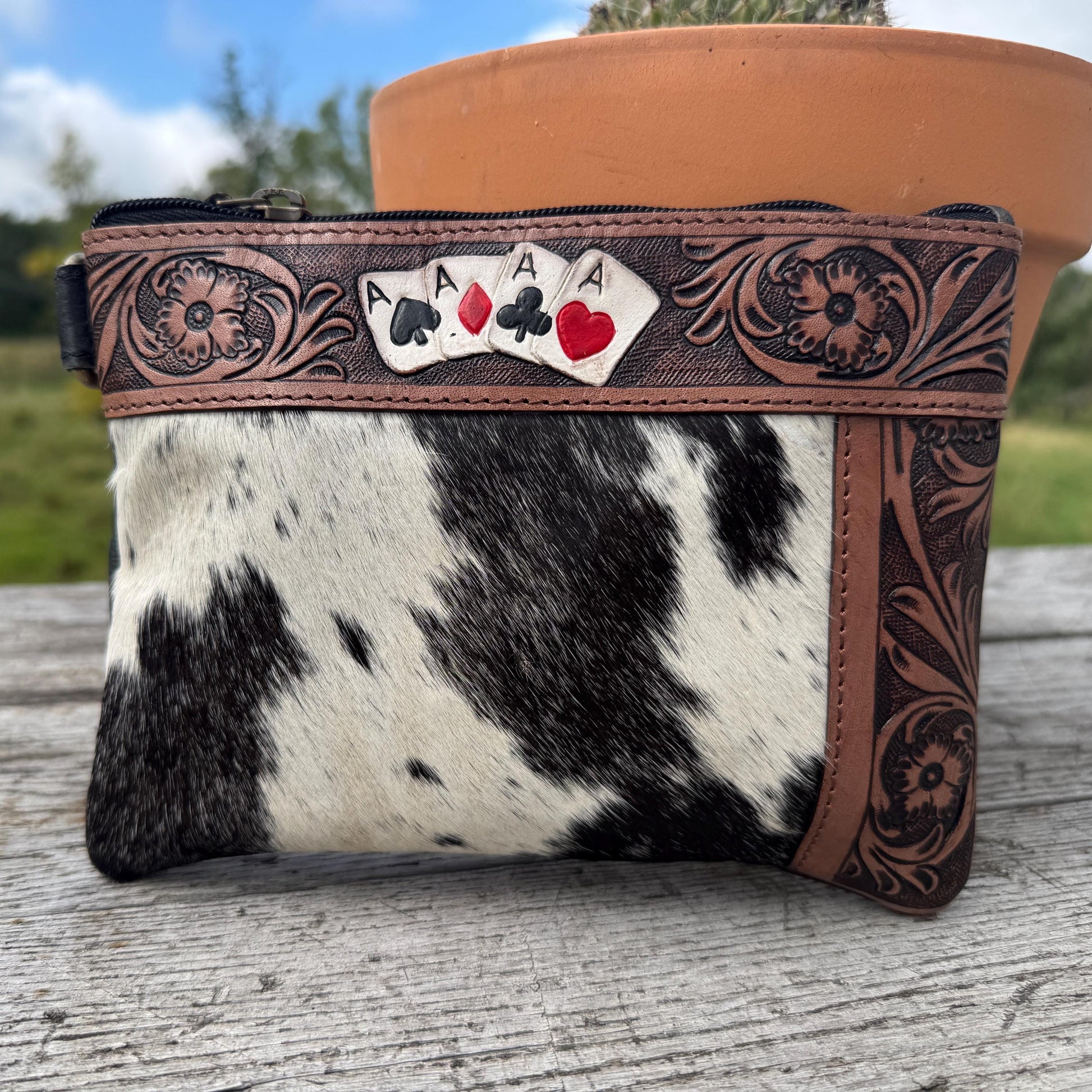Genuine Western Cowhide Leather Purse and Wallet SET with buckstitch details by Double B Wild Rags