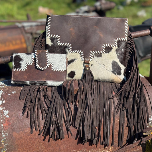 Brown Genuine Western Cowhide Leather Purse with fringe by Double B Wild Rags
