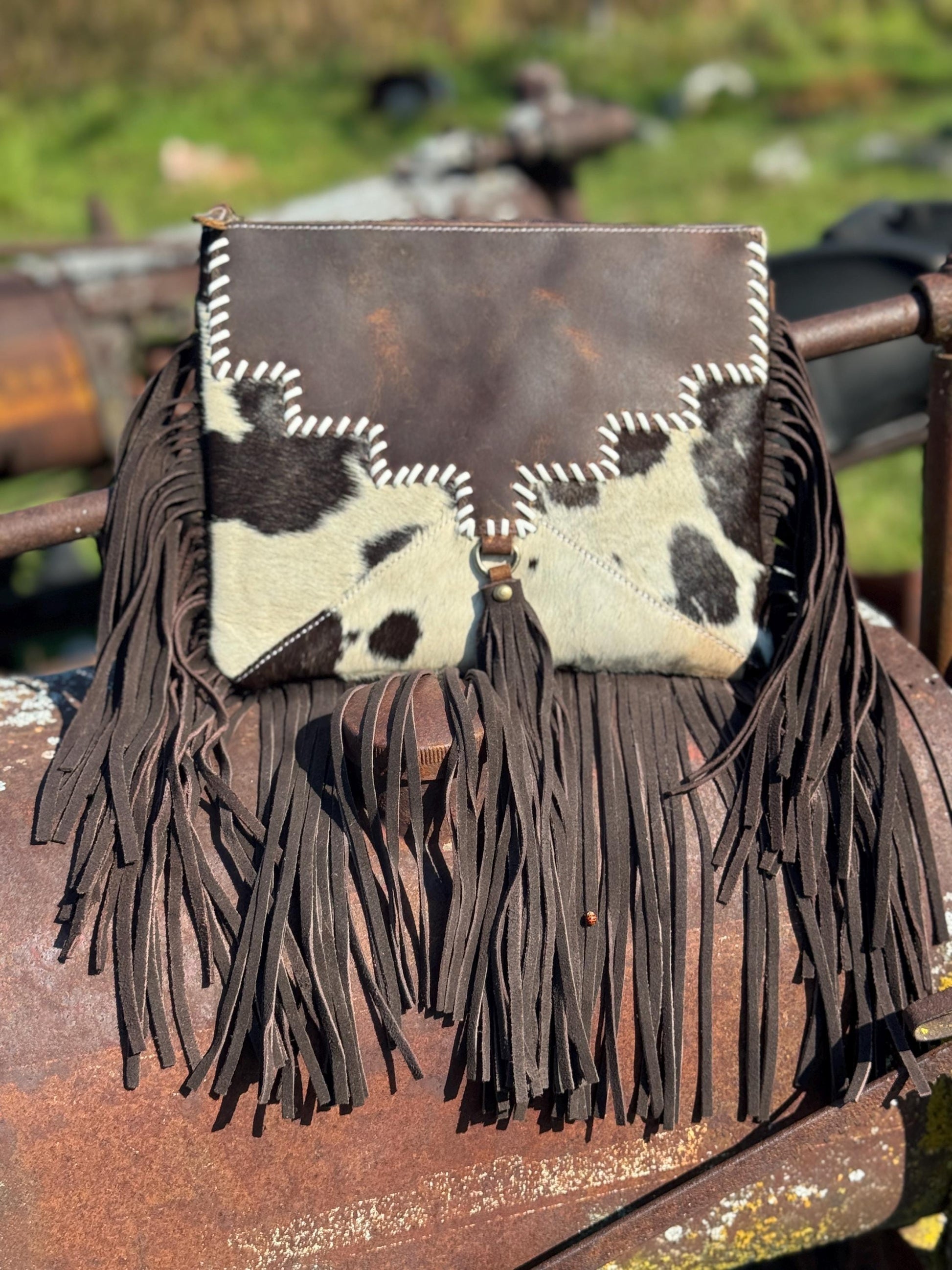 Brown Genuine Western Cowhide Leather Purse with fringe by Double B Wild Rags