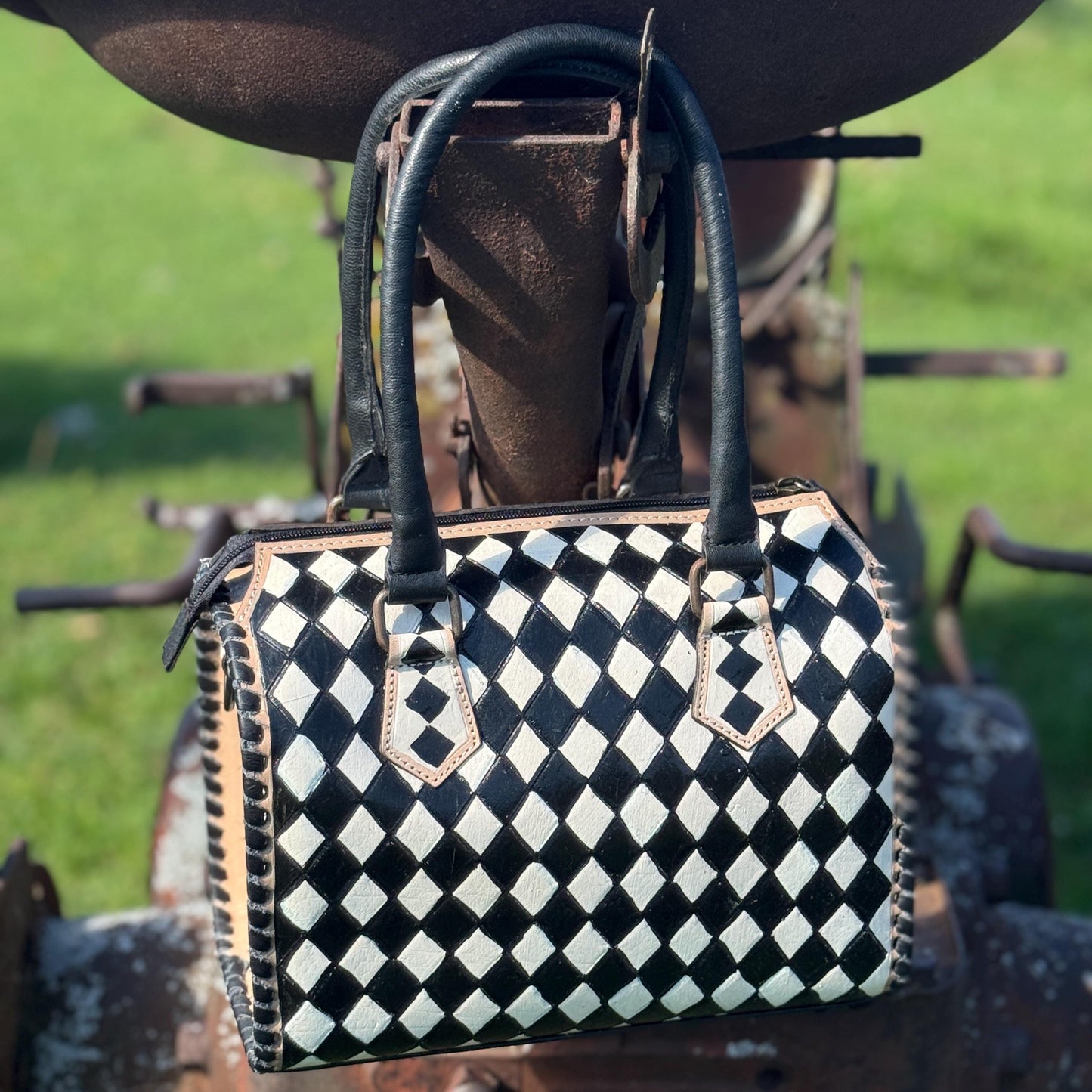 Black and White Checkered Genuine Western Cowhide Leather Purse