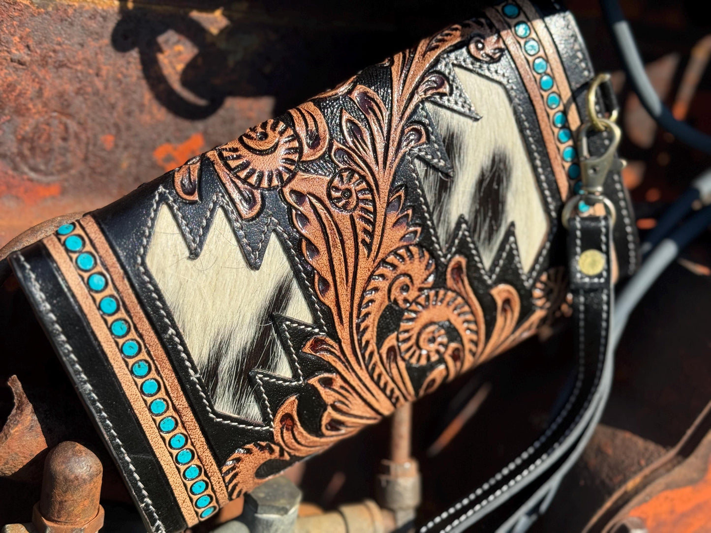 Brown and Black Genuine Western Cowhide Leather Wallet Clutch Wristlet