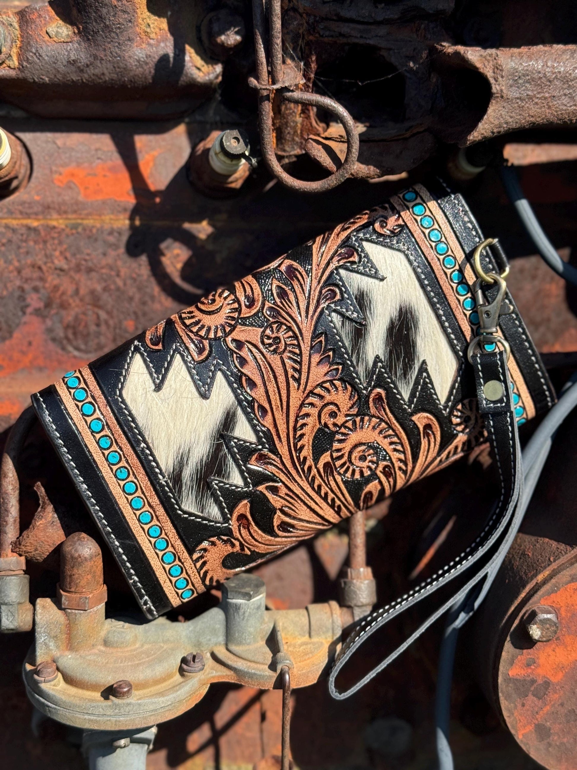 Brown and Black Genuine Western Cowhide Leather Wallet Clutch Wristlet