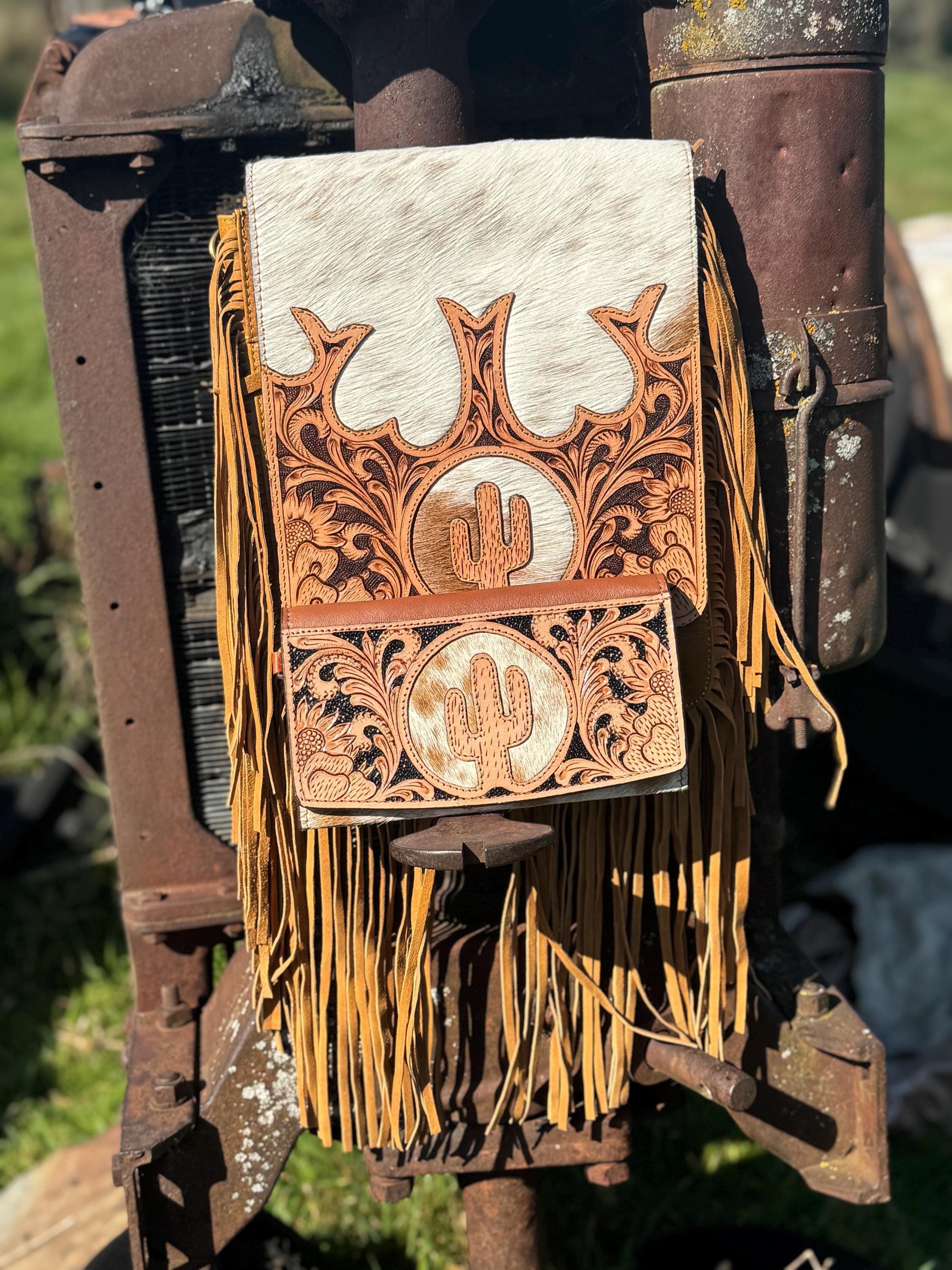 Genuine Western Cowhide Leather Purse and Wallet set with fringe and Cactus Tooling