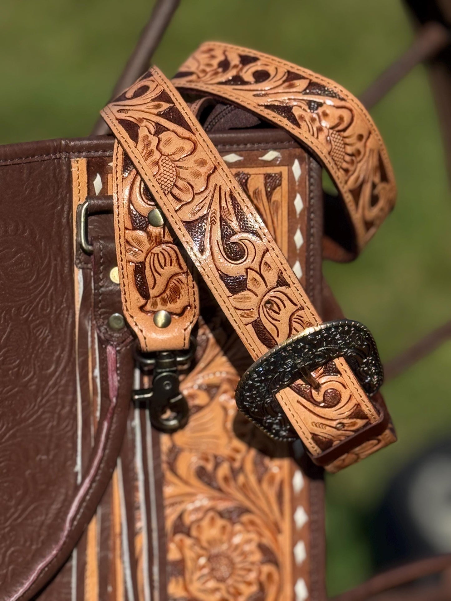 Genuine Western Leather Brown laptop messenger briefcase bag with tooled and embossed leather by Double B Wild Rags