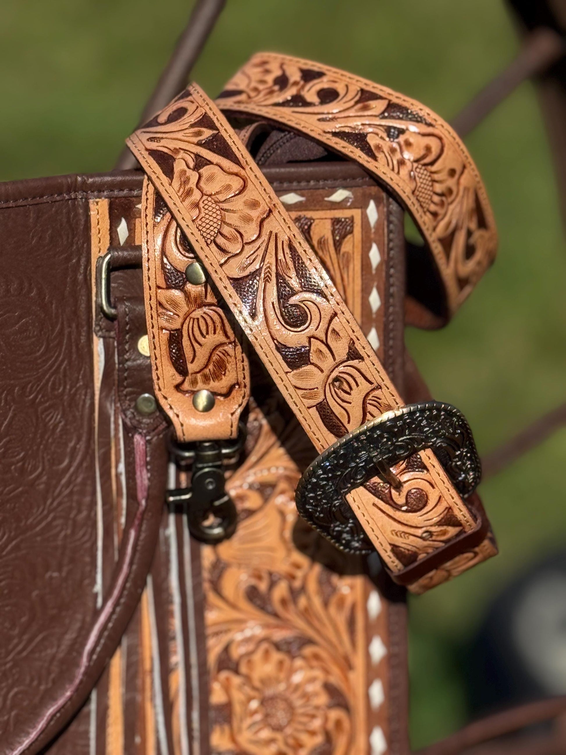 Genuine Western Leather Brown laptop messenger briefcase bag with tooled and embossed leather by Double B Wild Rags