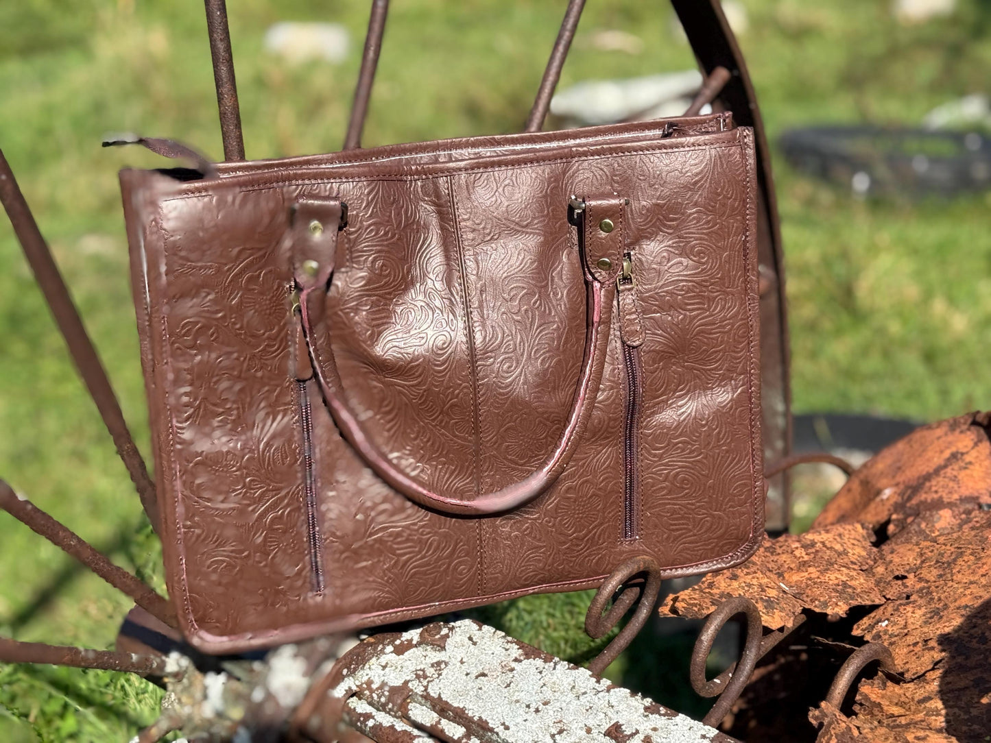 Genuine Western Leather Brown laptop messenger briefcase bag with tooled and embossed leather by Double B Wild Rags