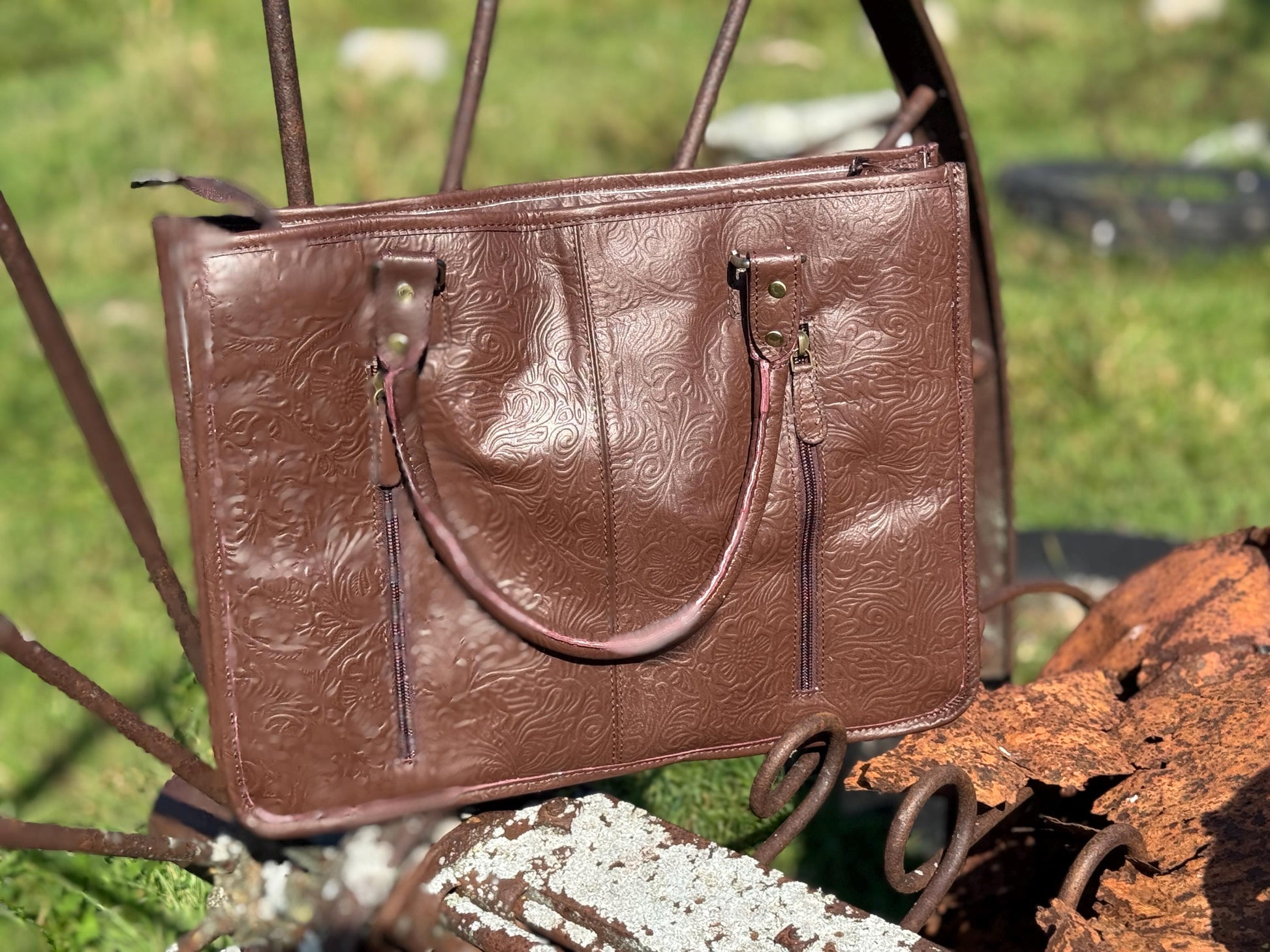 Genuine Western Leather Brown laptop messenger briefcase bag with tooled and embossed leather by Double B Wild Rags