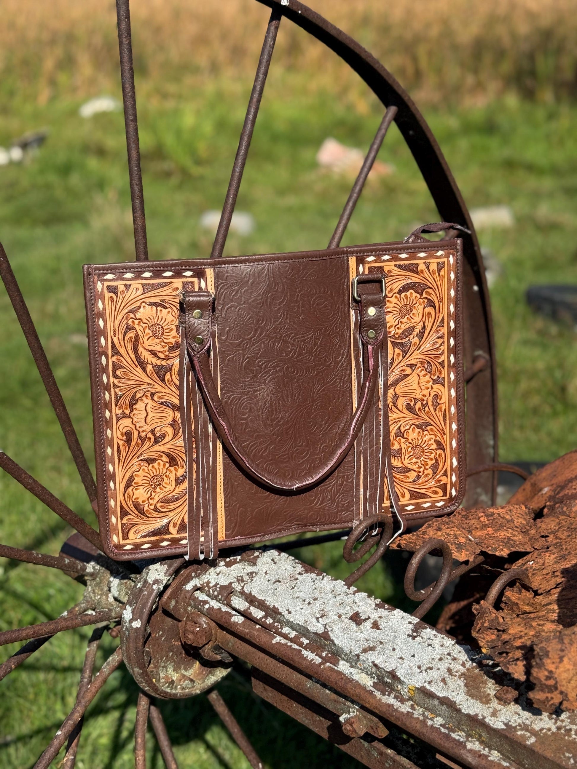 Genuine Western Leather Brown laptop messenger briefcase bag with tooled and embossed leather by Double B Wild Rags
