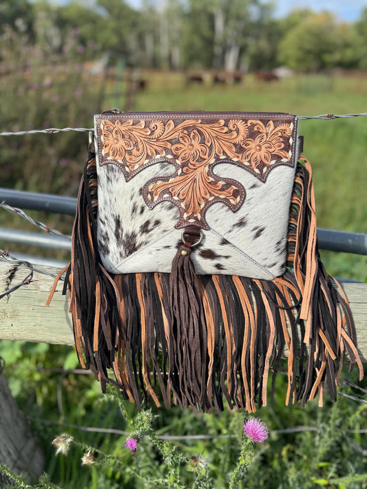 Brown Genuine Western Cowhide Leather Purse with black and brown fringe