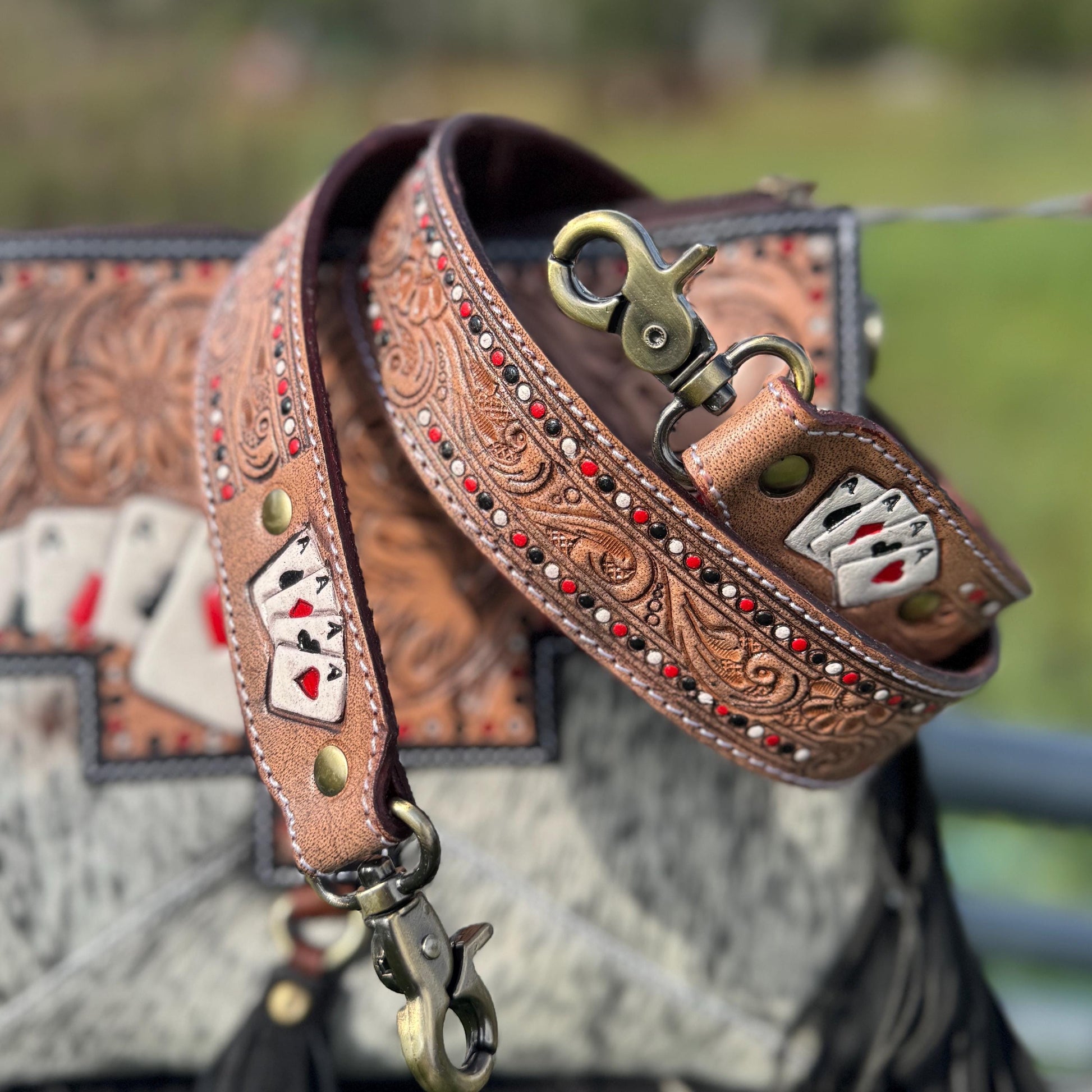 Genuine Western Spotted Cowhide Leather Purse and Wallet with Ace Cards painted details and black fringe