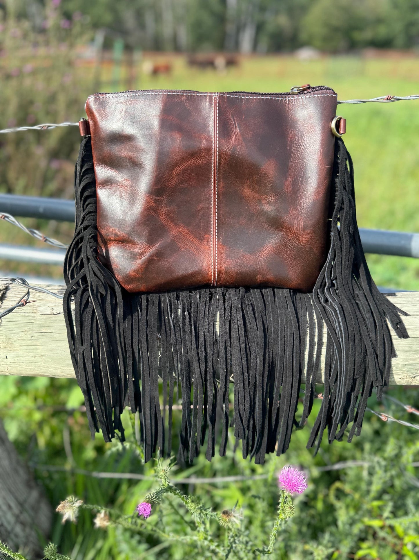 Genuine Western Spotted Cowhide Leather Purse and Wallet with Ace Cards painted details and black fringe