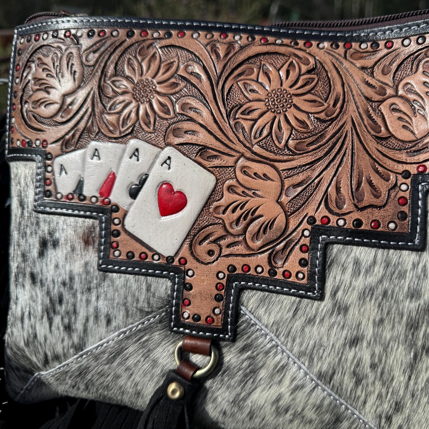 Genuine Western Spotted Cowhide Leather Purse and Wallet with Ace Cards painted details and black fringe