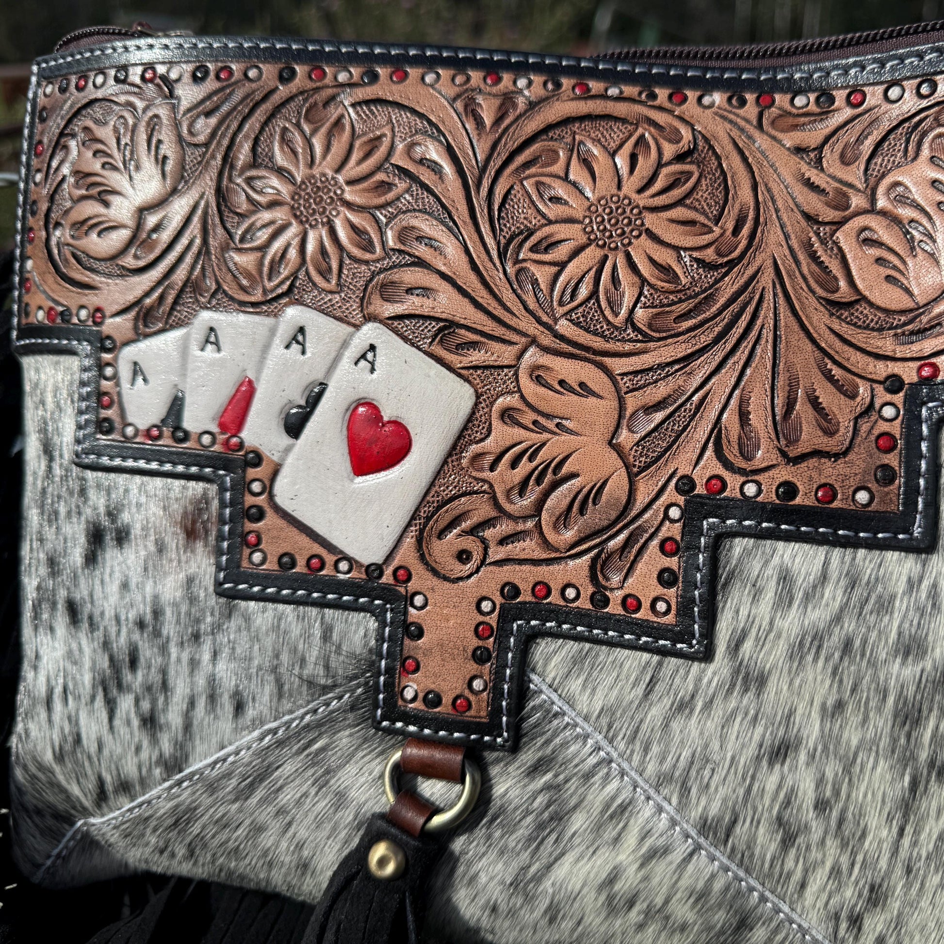 Genuine Western Spotted Cowhide Leather Purse and Wallet with Ace Cards painted details and black fringe