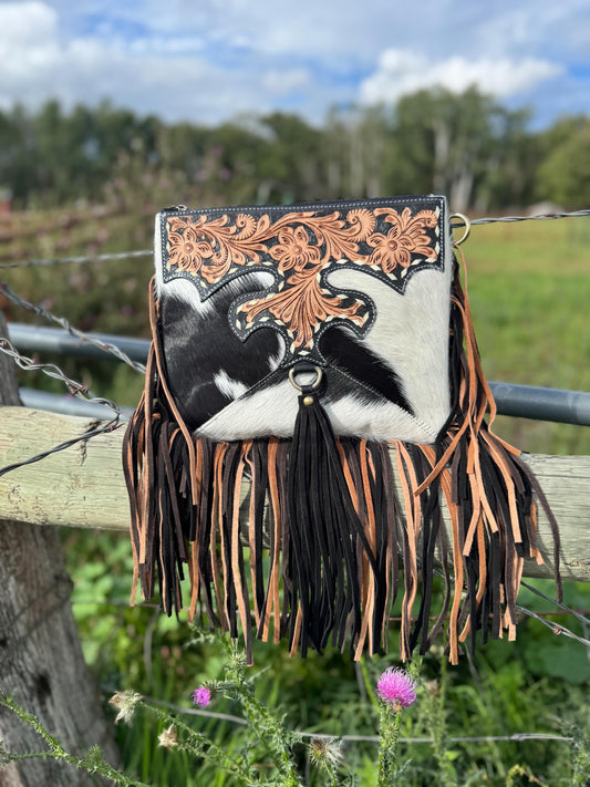 Black Genuine Western Cowhide Leather Purse with scalloped tooling brown and black fringe