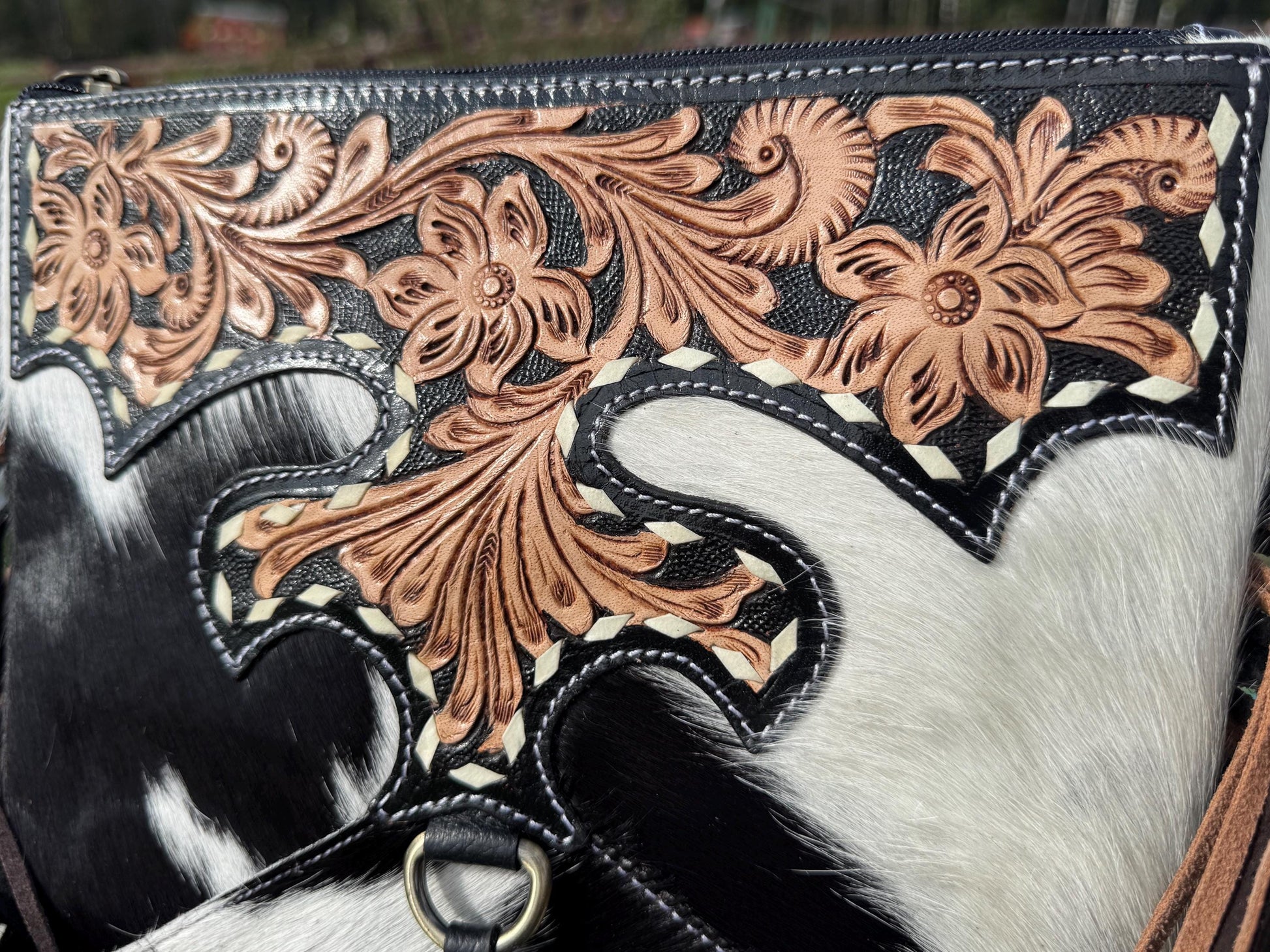 Black Genuine Western Cowhide Leather Purse with scalloped tooling brown and black fringe