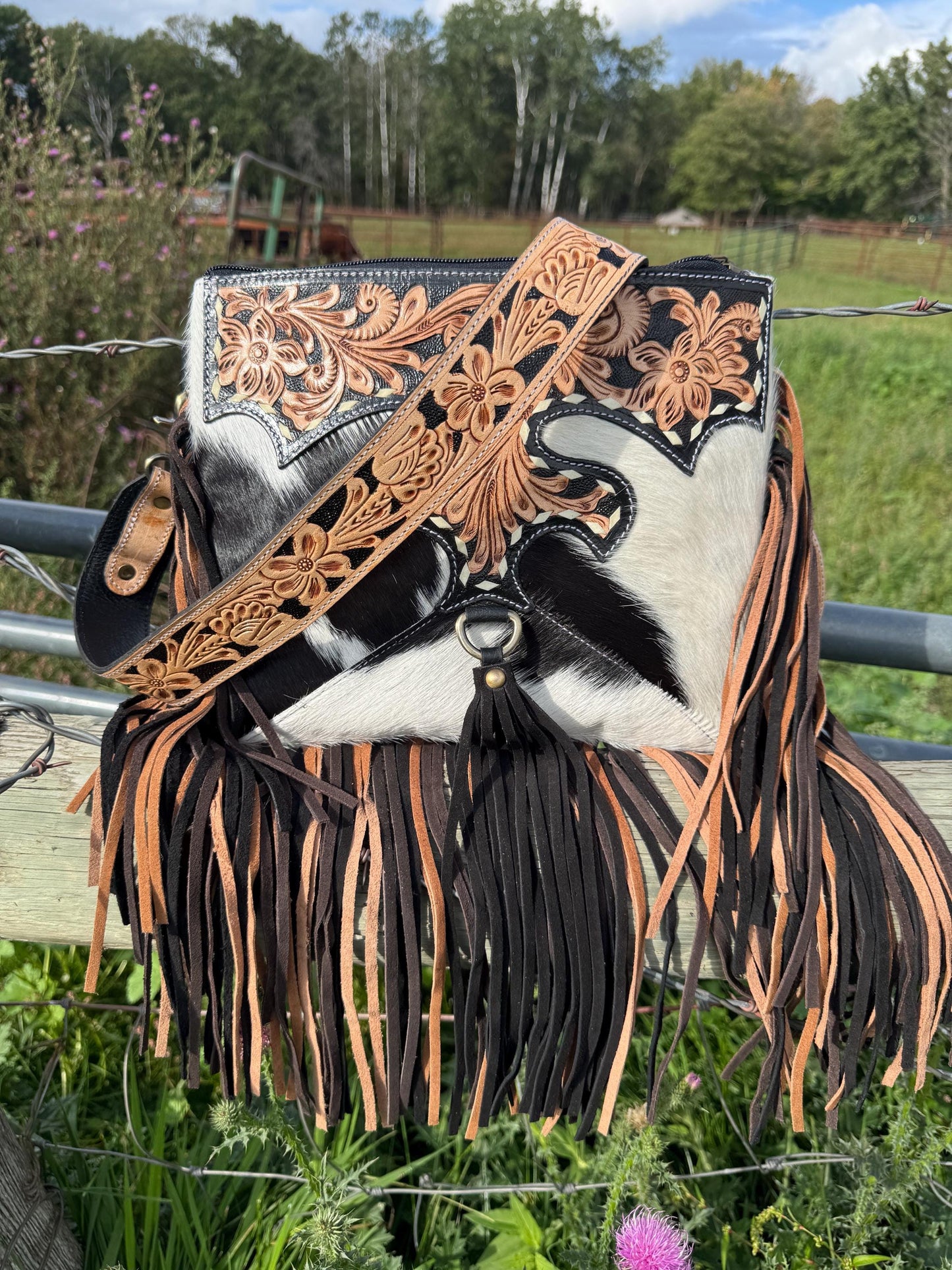 Black Genuine Western Cowhide Leather Purse with scalloped tooling brown and black fringe