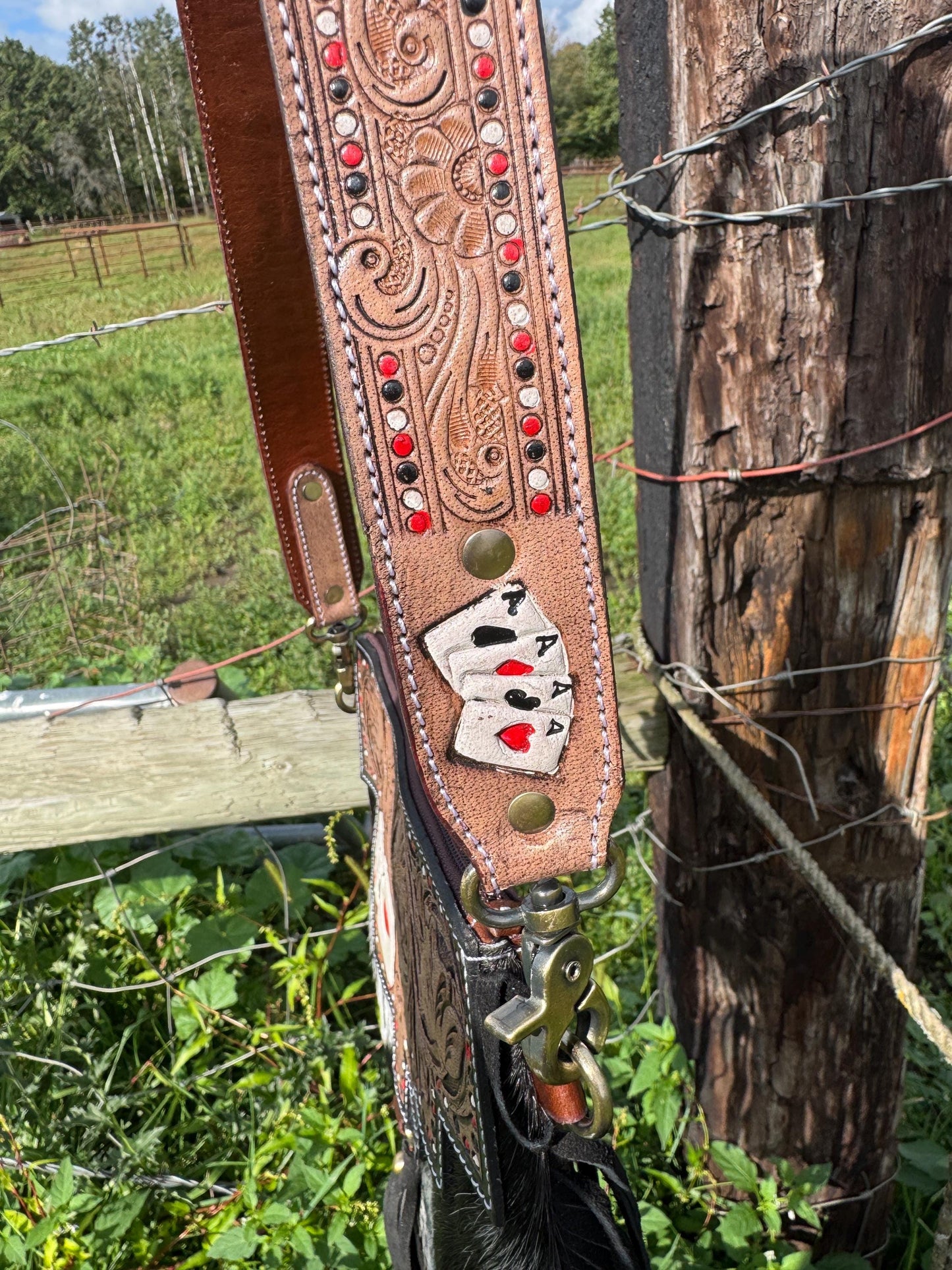 Genuine Western Cowhide Leather Purse with Ace Cards painted details and black fringe.