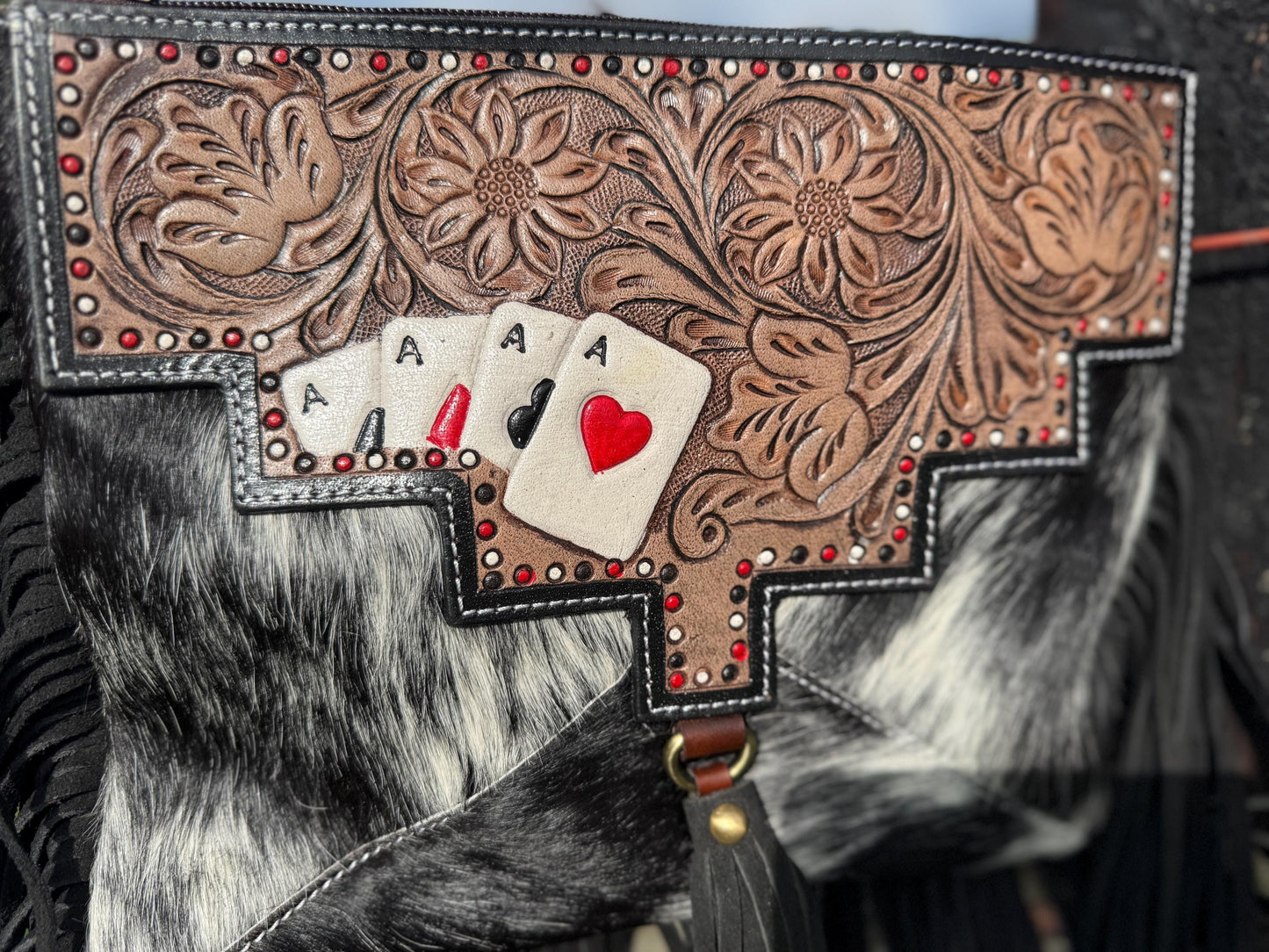 Genuine Western Cowhide Leather Purse with Ace Cards painted details and black fringe.