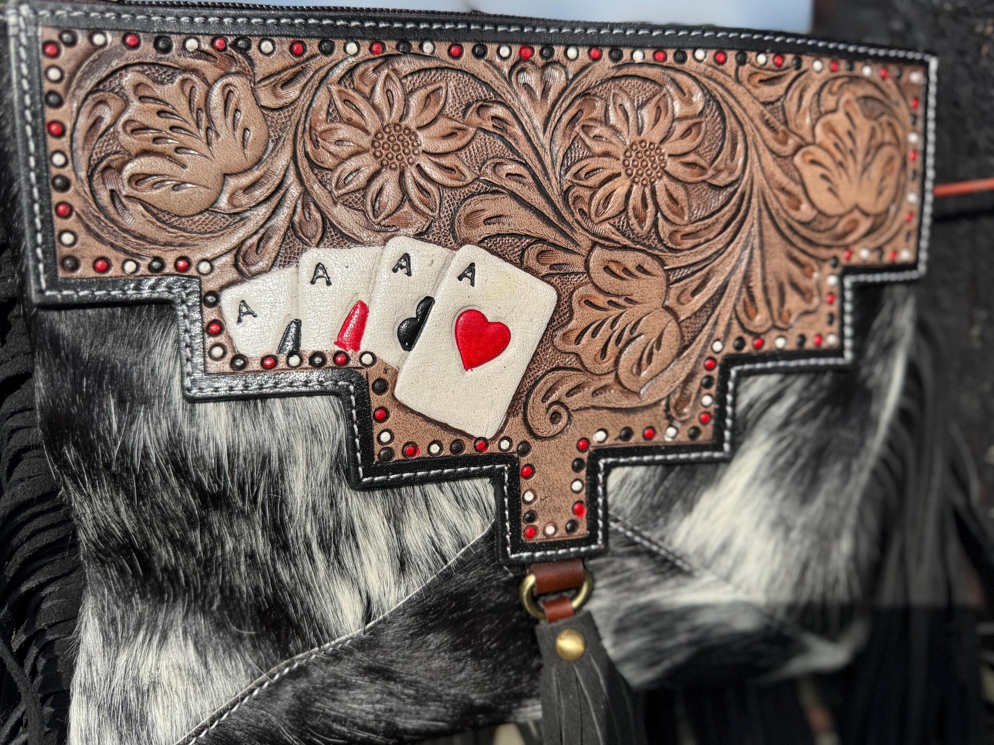 Genuine Western Cowhide Leather Purse with Ace Cards painted details and black fringe.