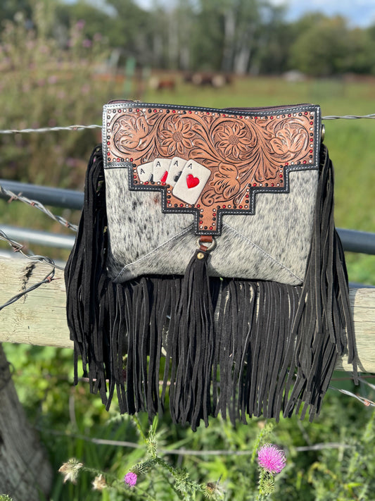 Genuine Western Spotted Cowhide Leather Purse and Wallet with Ace Cards painted details and black fringe