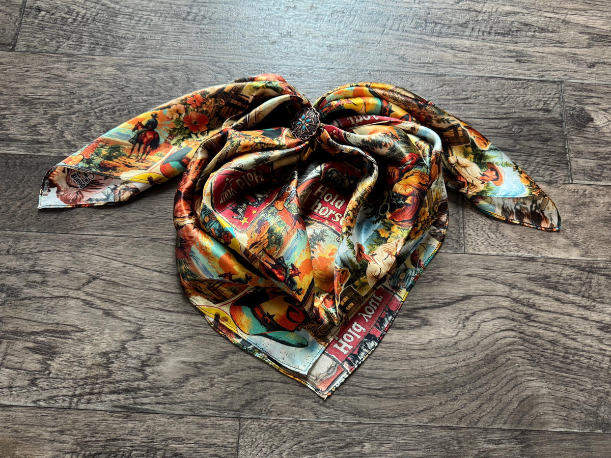 100% Silk Wild Rag Retro Heartthrob Cowboys and Floral by Double B Wild Rags
