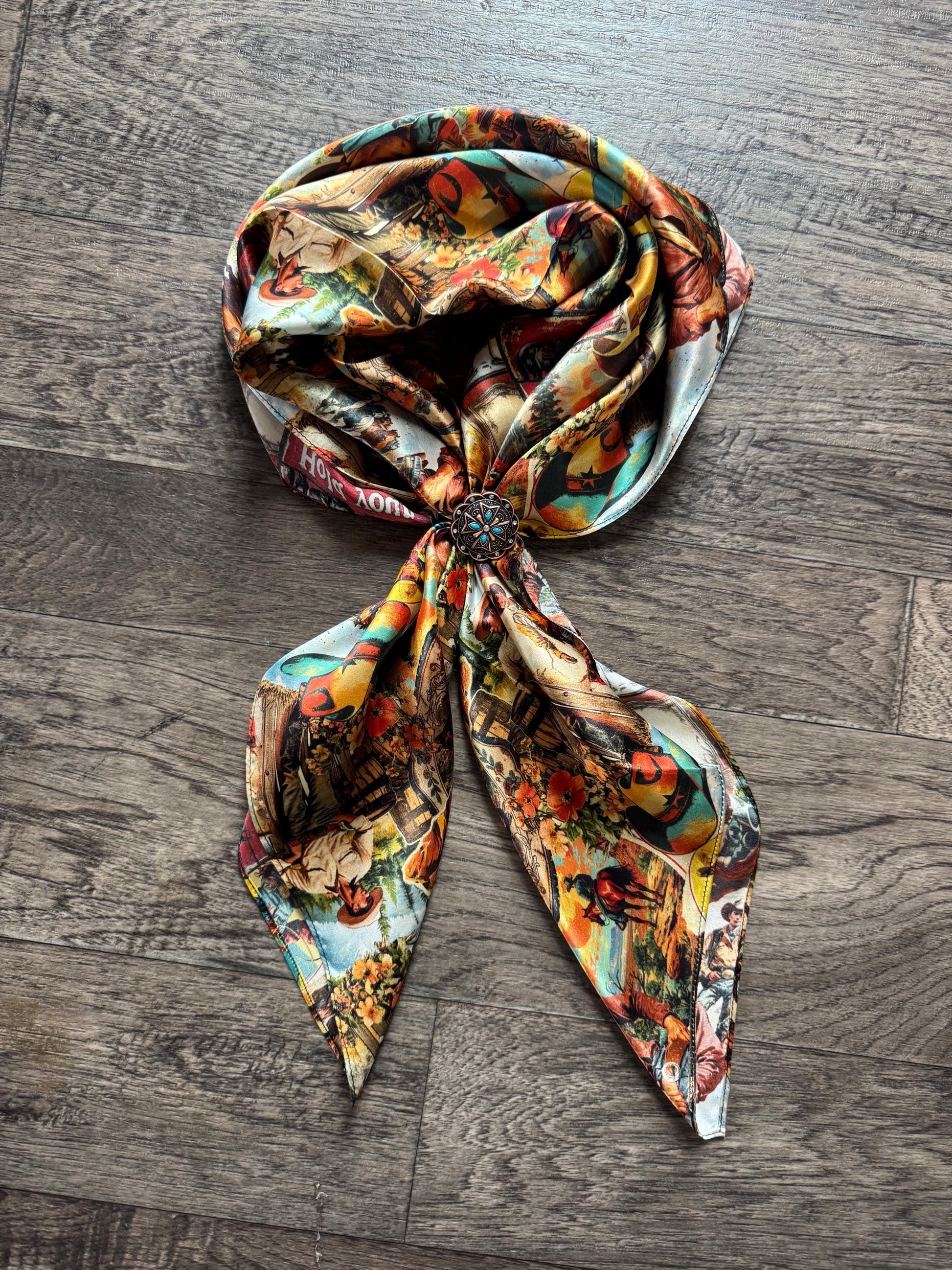 100% Silk Wild Rag Retro Heartthrob Cowboys and Floral by Double B Wild Rags