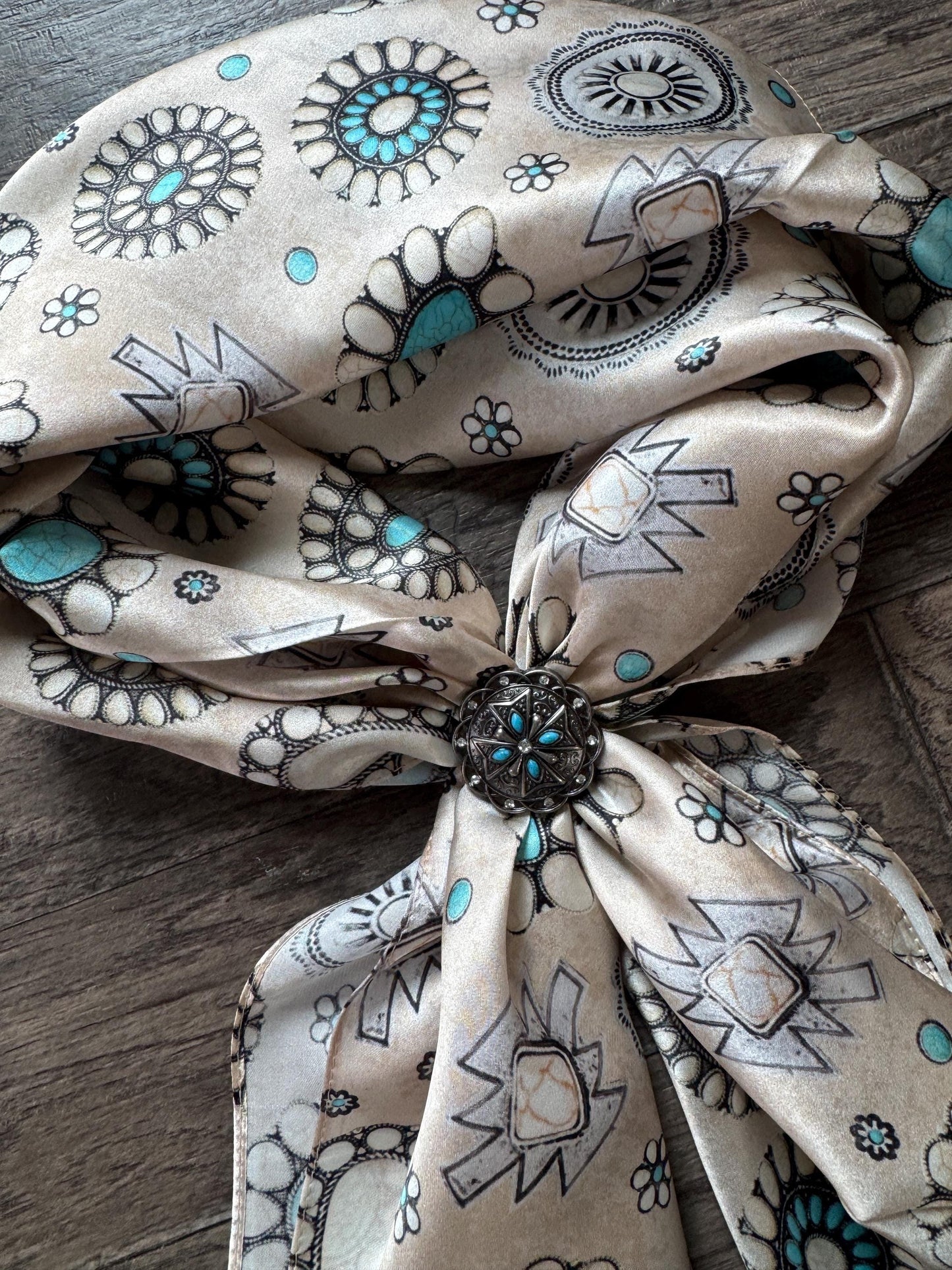 100% Silk Wild Rag Ivory Turquoise and White Buffalo Concho by Double B Wild Rags