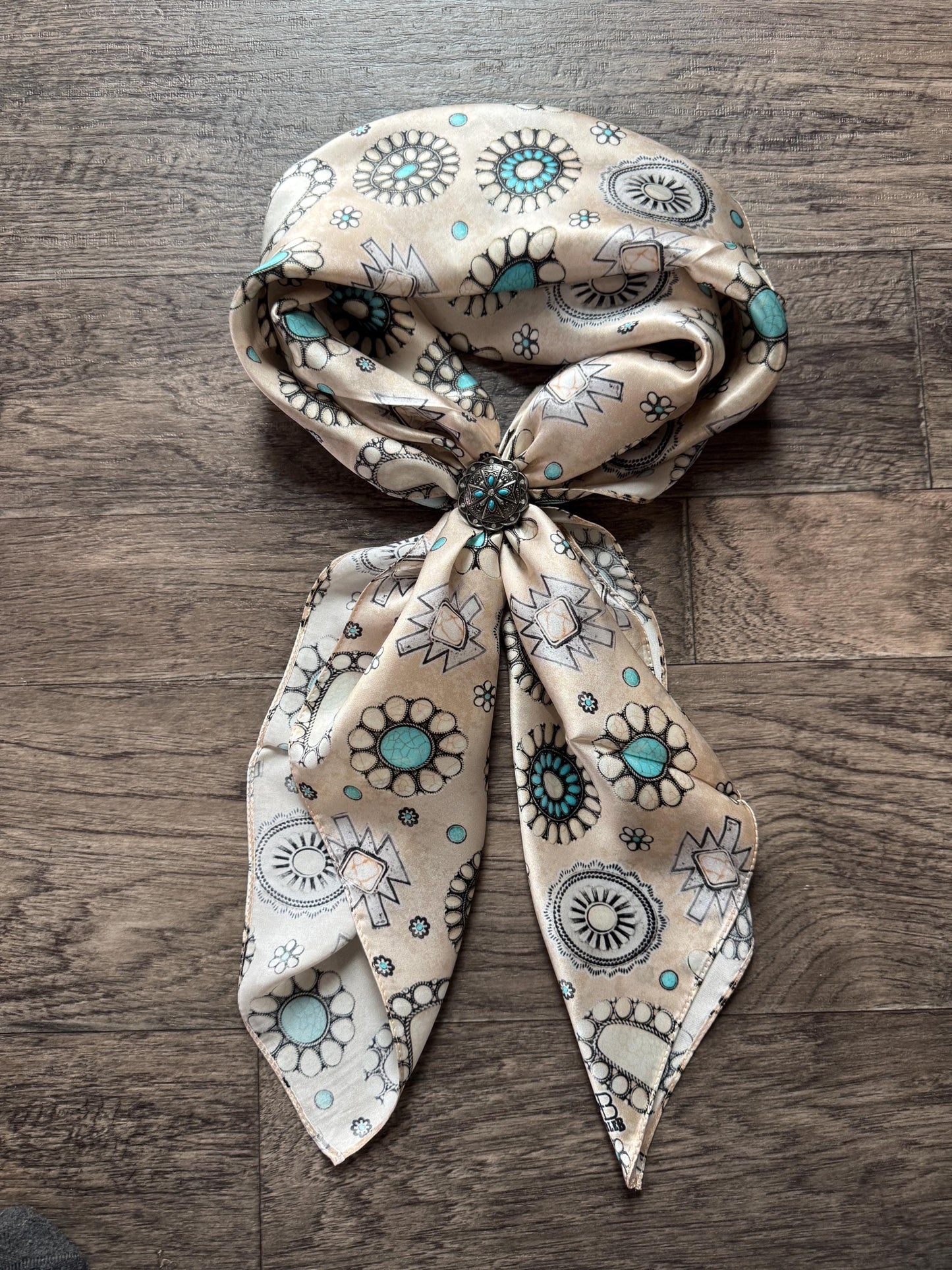 100% Silk Wild Rag Ivory Turquoise and White Buffalo Concho by Double B Wild Rags