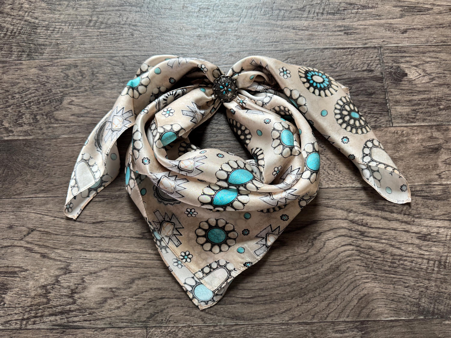 100% Silk Wild Rag Ivory Turquoise and White Buffalo Concho by Double B Wild Rags