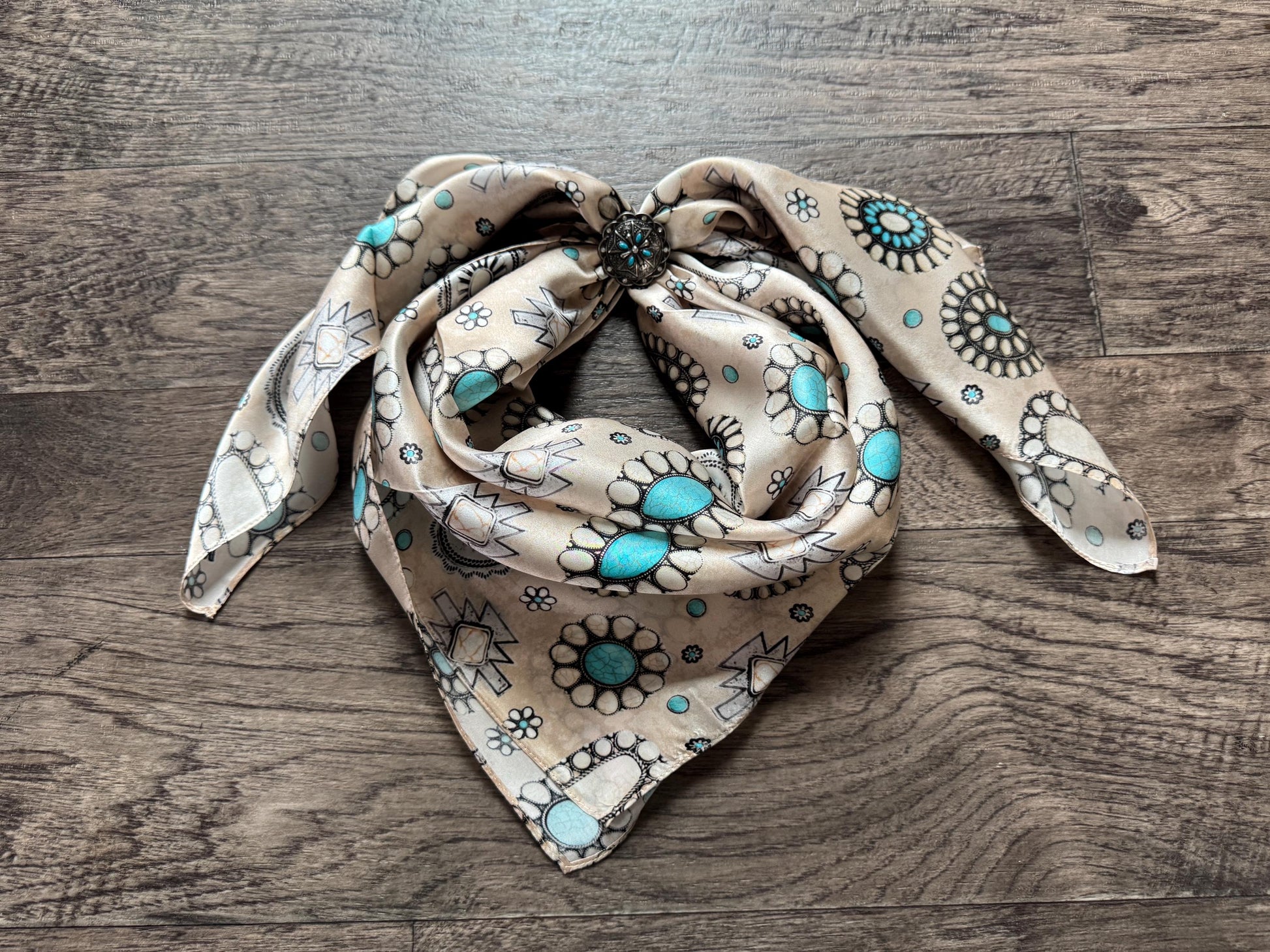 100% Silk Wild Rag Ivory Turquoise and White Buffalo Concho by Double B Wild Rags