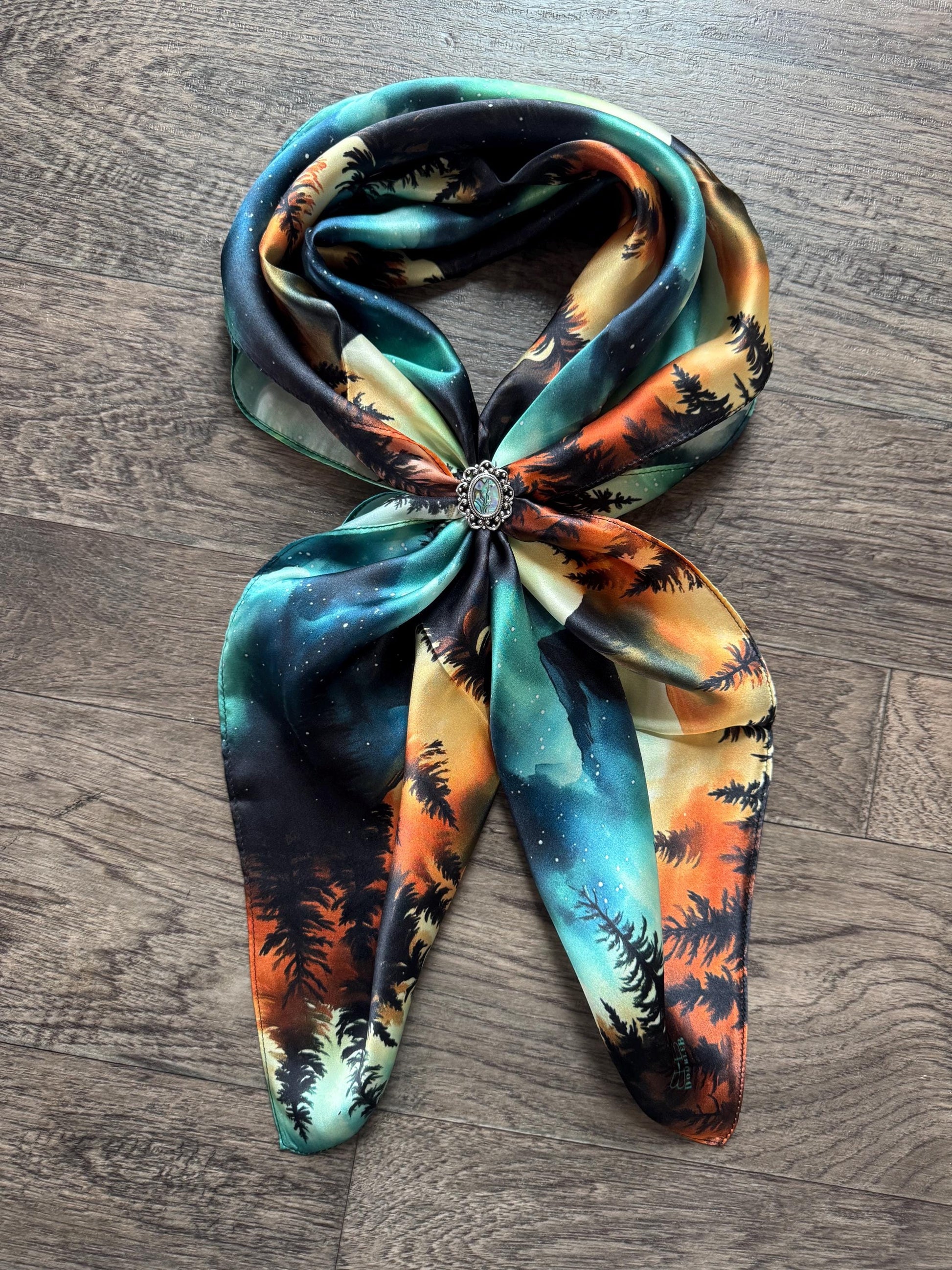 100% Silk Wild Rag Aurora Borealis Northern Lights in the Mountains by Double B Wild Rags