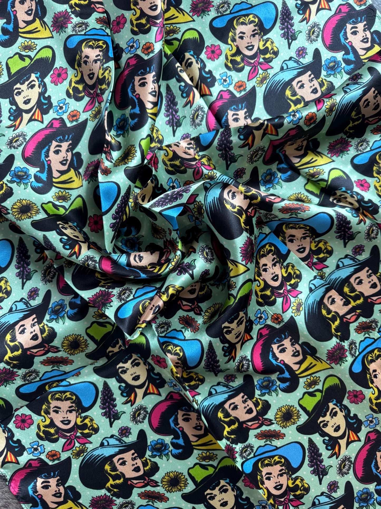 100% Silk Wild Rag Color Pop Comic Cartoon Cowgirls by Double B Wild Rags