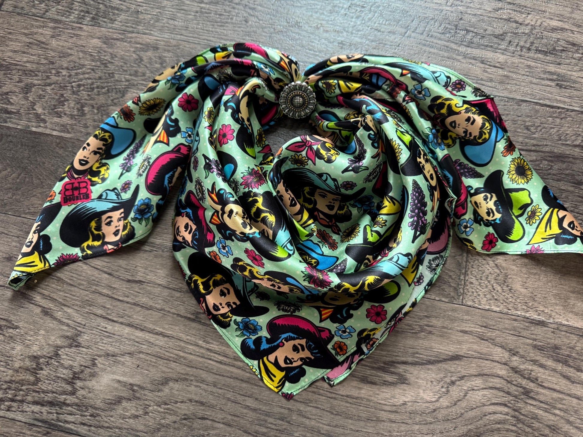 100% Silk Wild Rag Color Pop Comic Cartoon Cowgirls by Double B Wild Rags