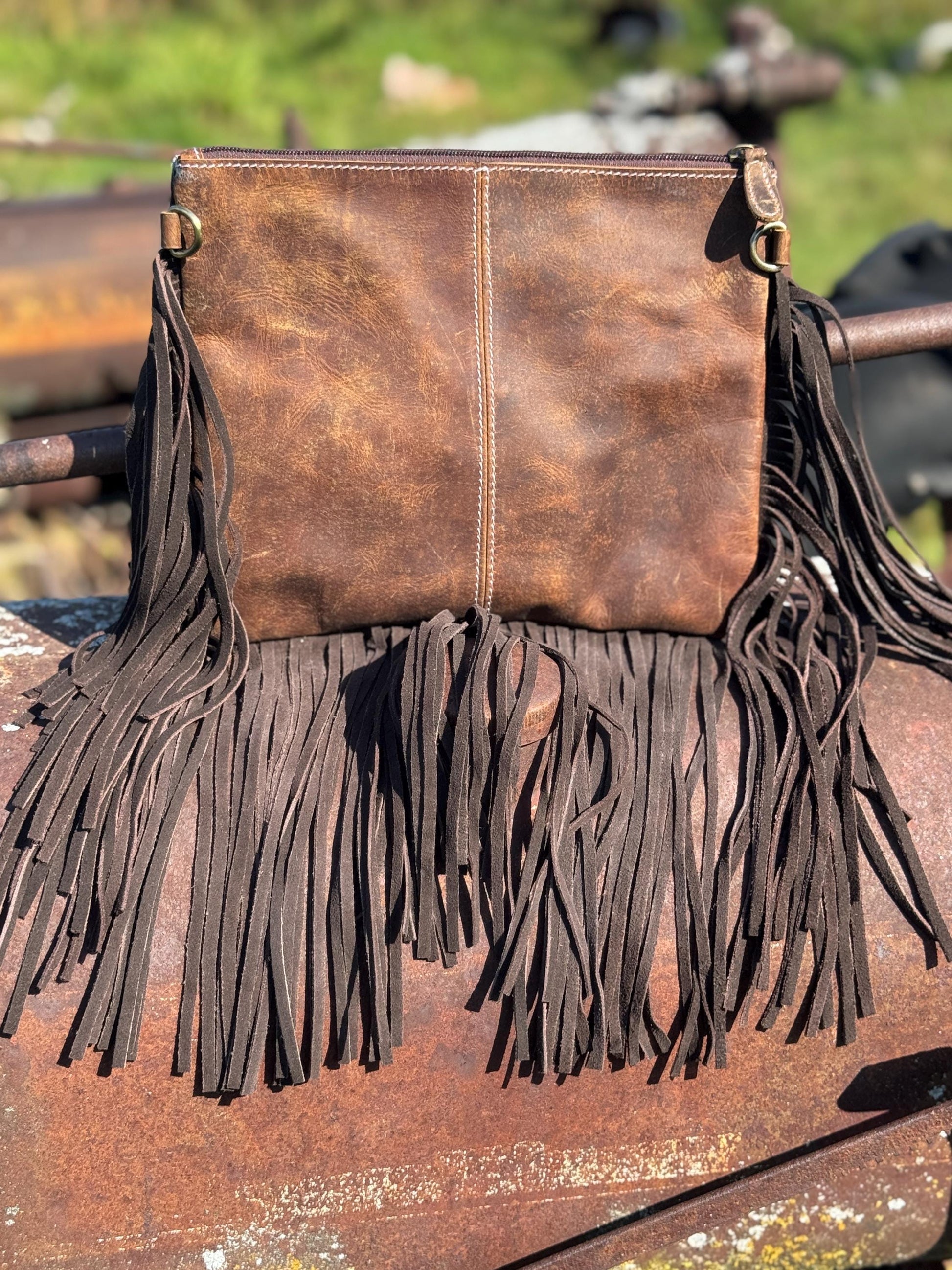 Brown Genuine Western Cowhide Leather Purse with fringe by Double B Wild Rags