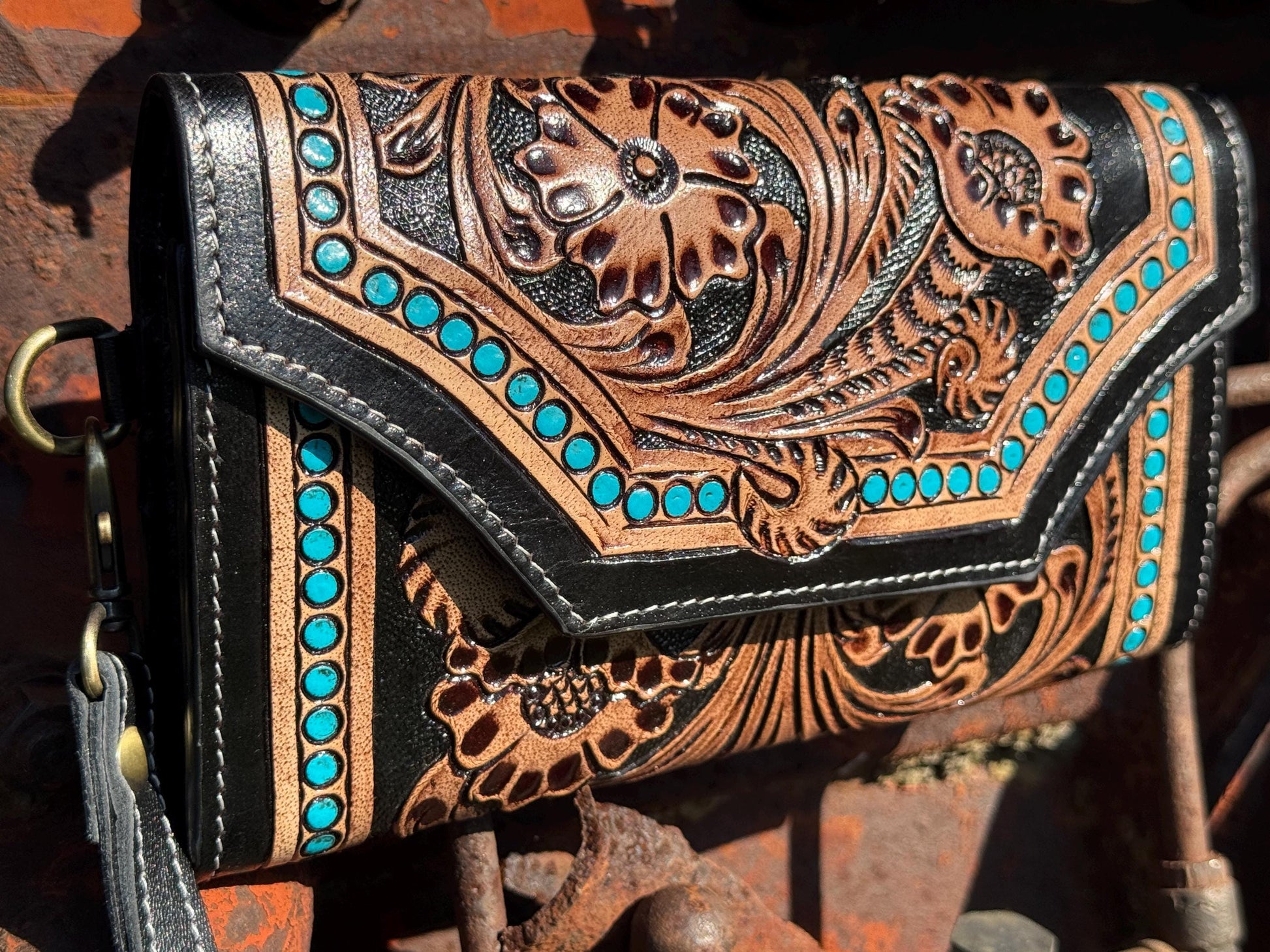 Brown and Black Genuine Western Cowhide Leather Wallet Clutch Wristlet