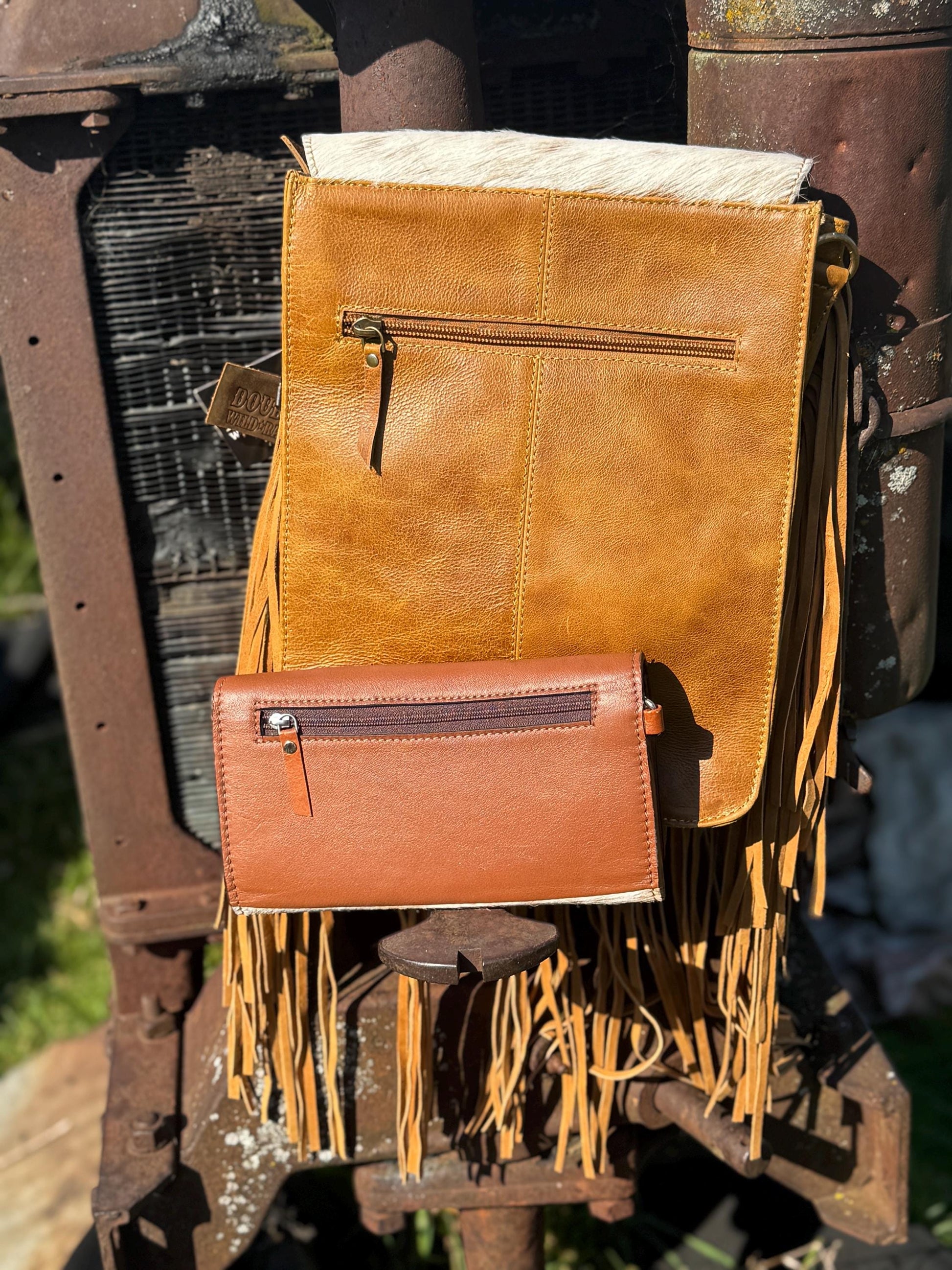 Genuine Western Cowhide Leather Purse and Wallet set with fringe and Cactus Tooling