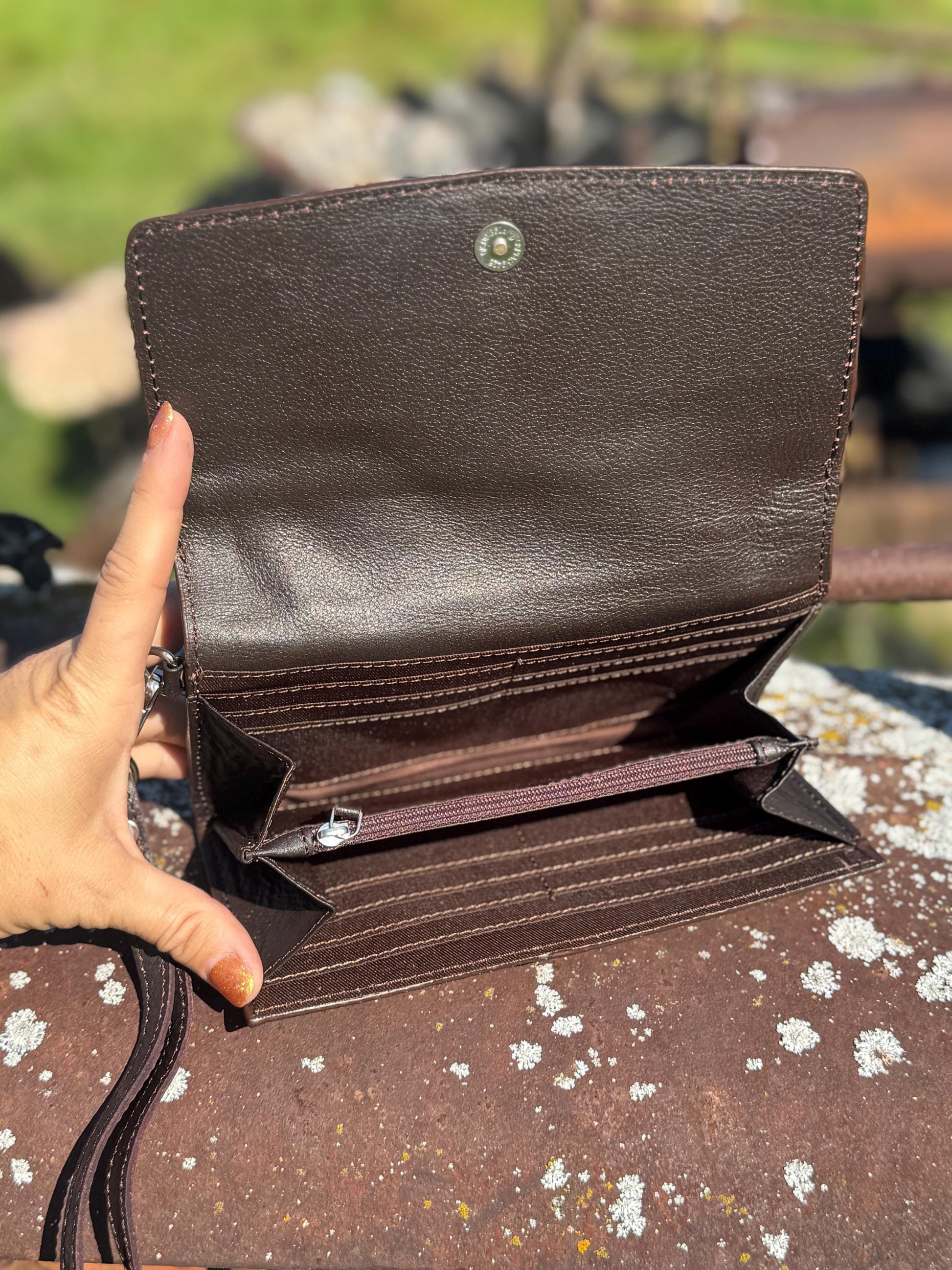 Genuine Western Cowhide Leather Purse and Wallet set with fringe and Cactus Tooling