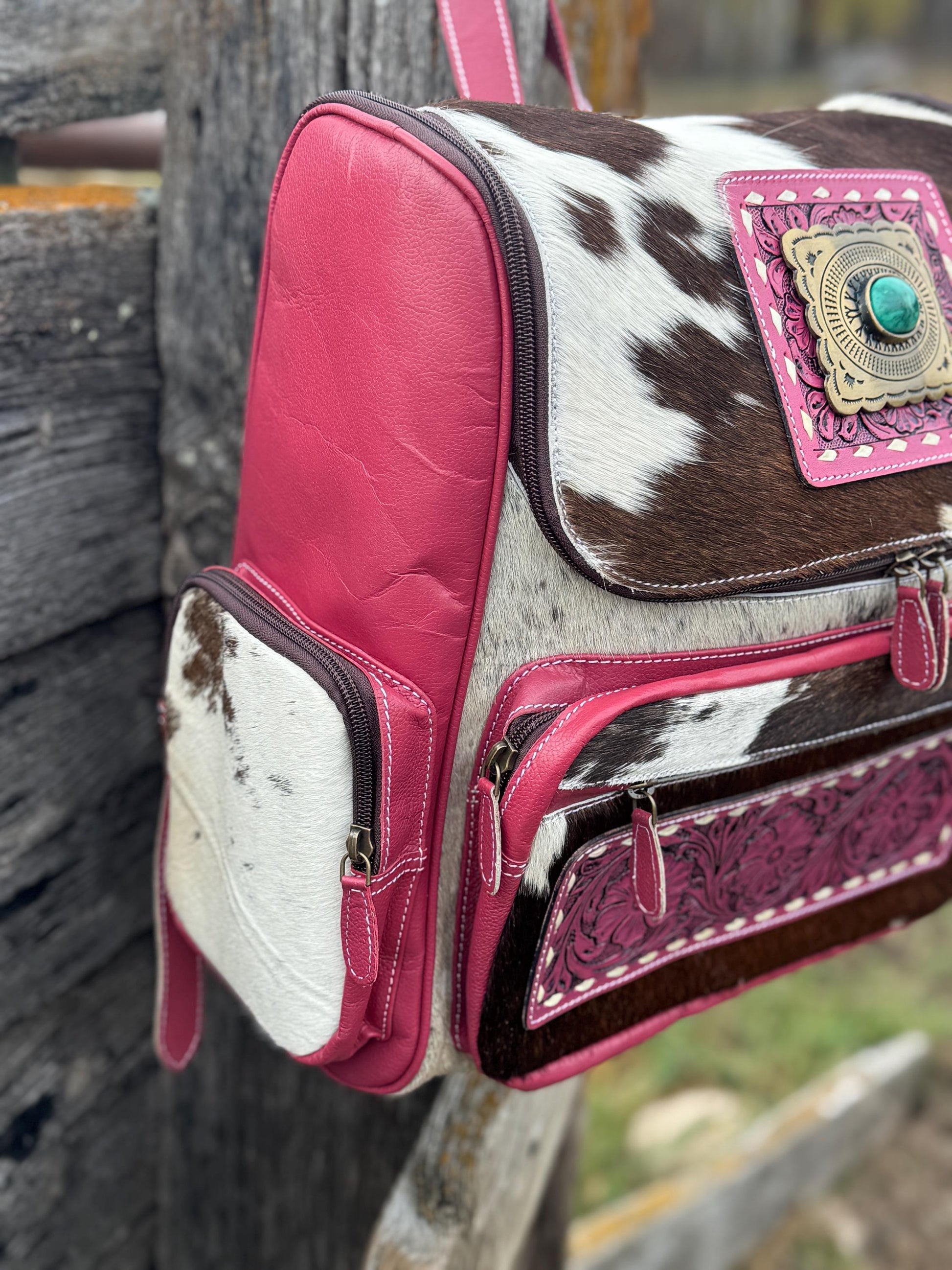 Pink or Turquoise Genuine Western Cowhide Leather Backpack Diaper Bag Personal Item carry-on luggage by Double B Wild Rags