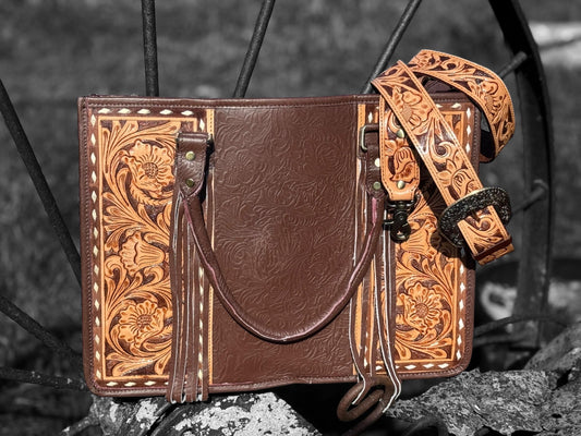 Genuine Western Leather Brown laptop messenger briefcase bag with tooled and embossed leather by Double B Wild Rags