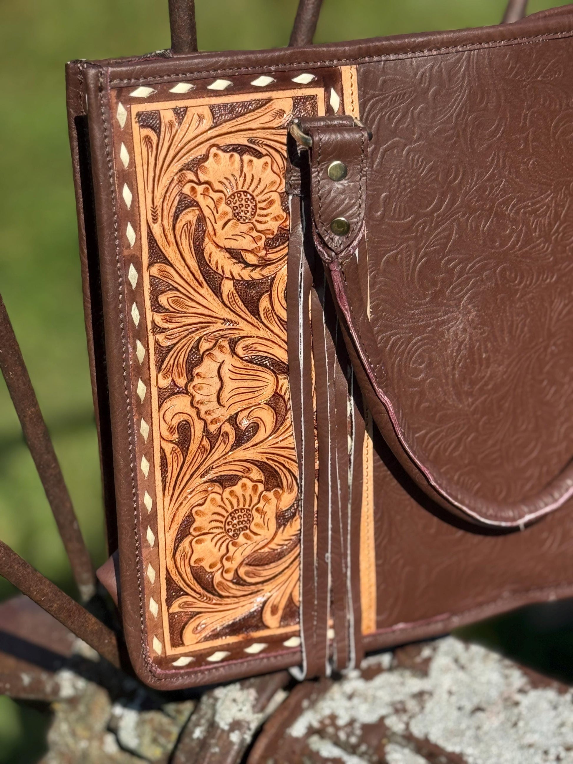 Genuine Western Leather Brown laptop messenger briefcase bag with tooled and embossed leather by Double B Wild Rags