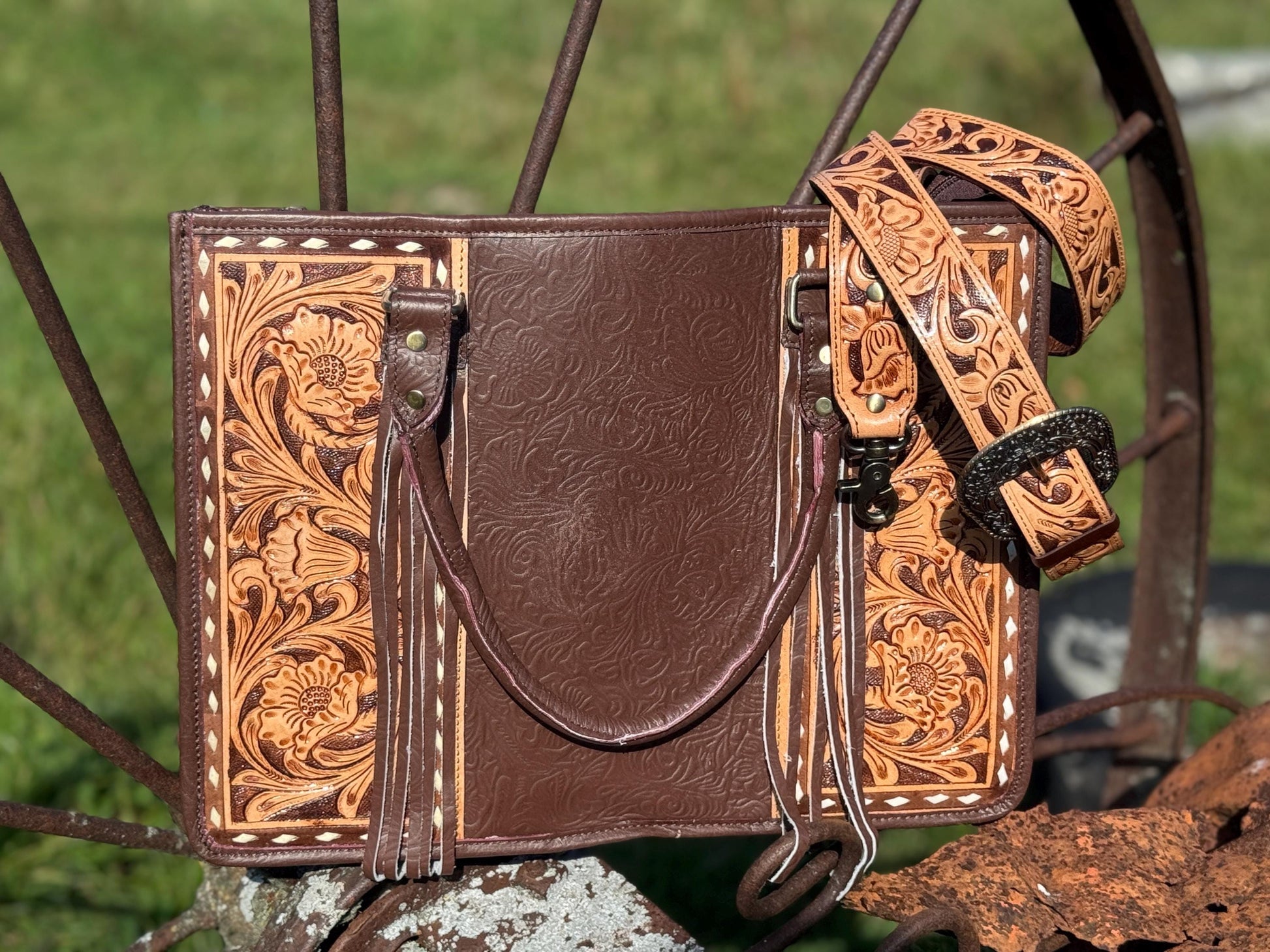 Genuine Western Leather Brown laptop messenger briefcase bag with tooled and embossed leather by Double B Wild Rags