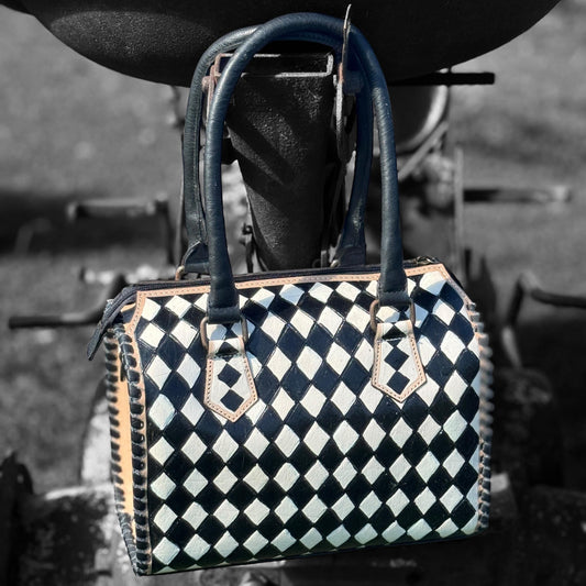 Black and White Checkered Genuine Western Cowhide Leather Purse